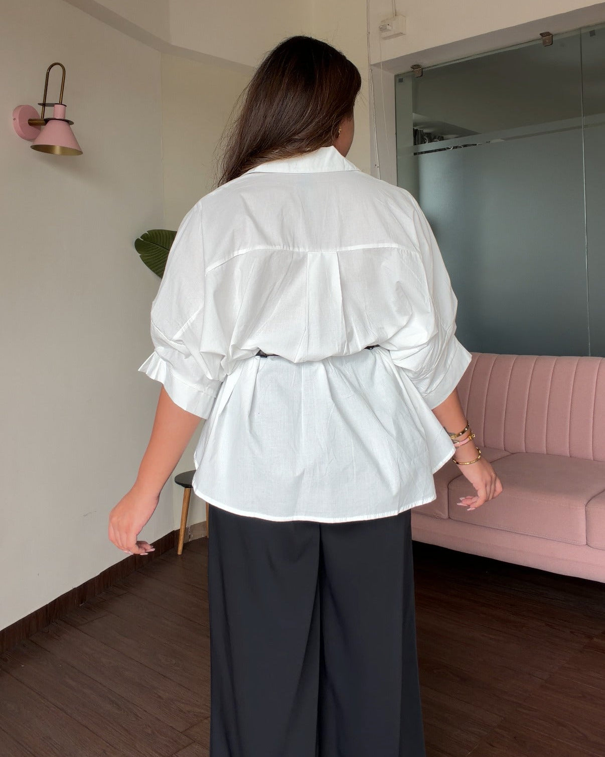 Waist Pleated Detailing Relaxed Fit Cotton Shirt With Belt
