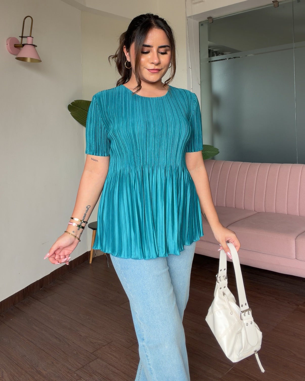 Solid Free Size Pleated Fabric Peplum Top