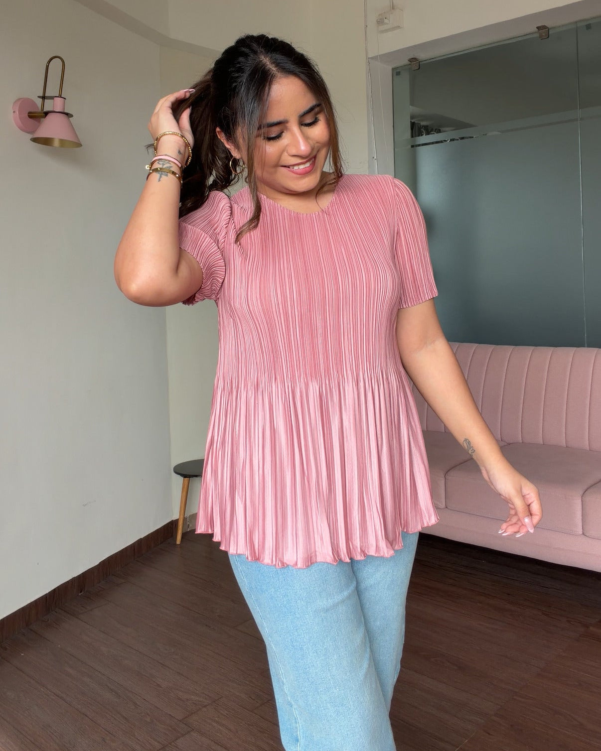 Solid Free Size Pleated Fabric Peplum Top