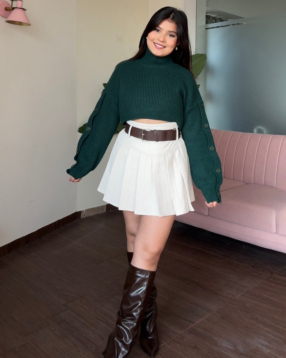 Corduroy Mini Skirt With Leather Belt