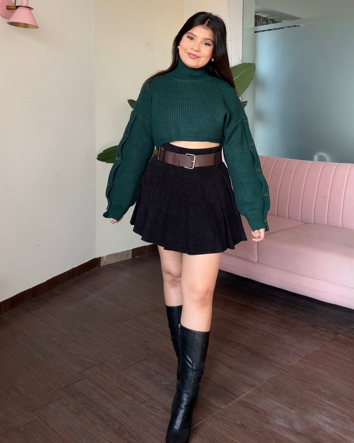 Corduroy Mini Skirt With Leather Belt