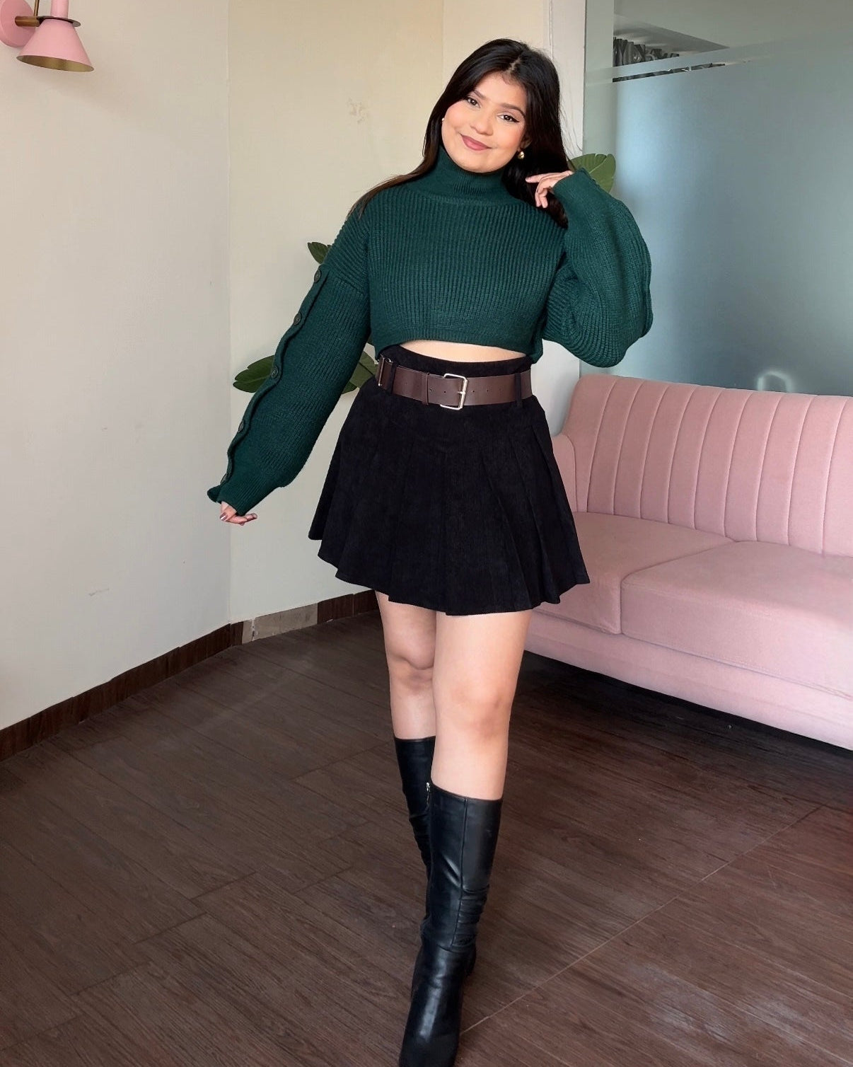 Corduroy Mini Skirt With Leather Belt