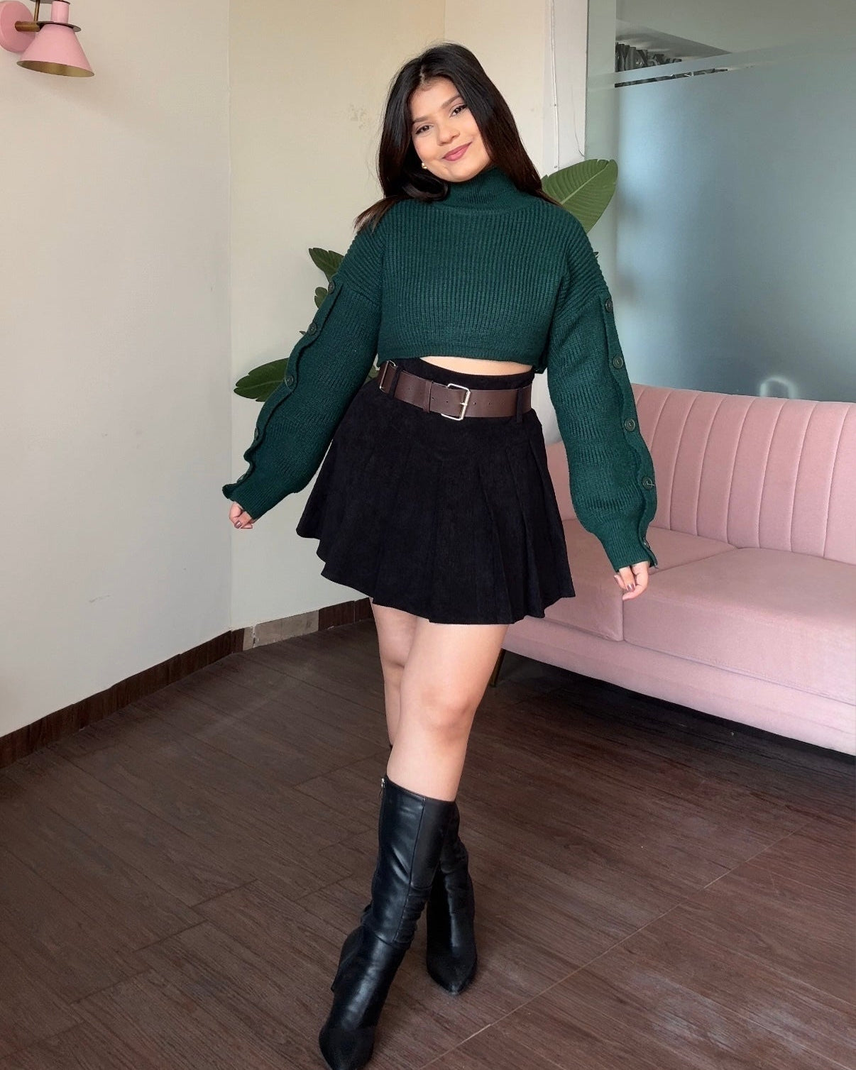 Corduroy Mini Skirt With Leather Belt