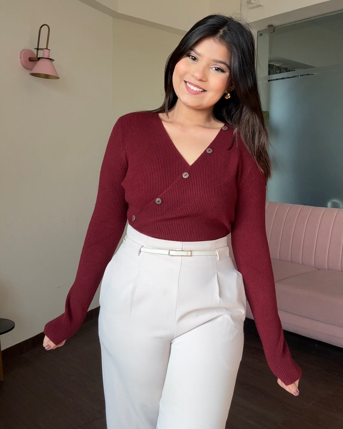 V Neck Ruched Button Detailing Fitted Sweater Top