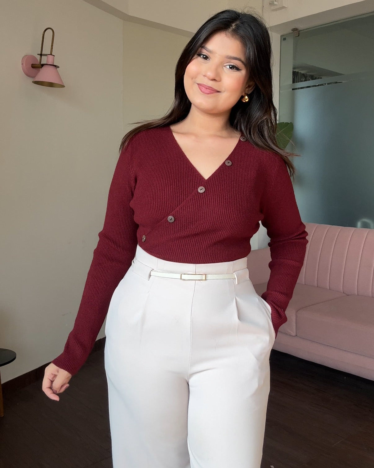 V Neck Ruched Button Detailing Fitted Sweater Top