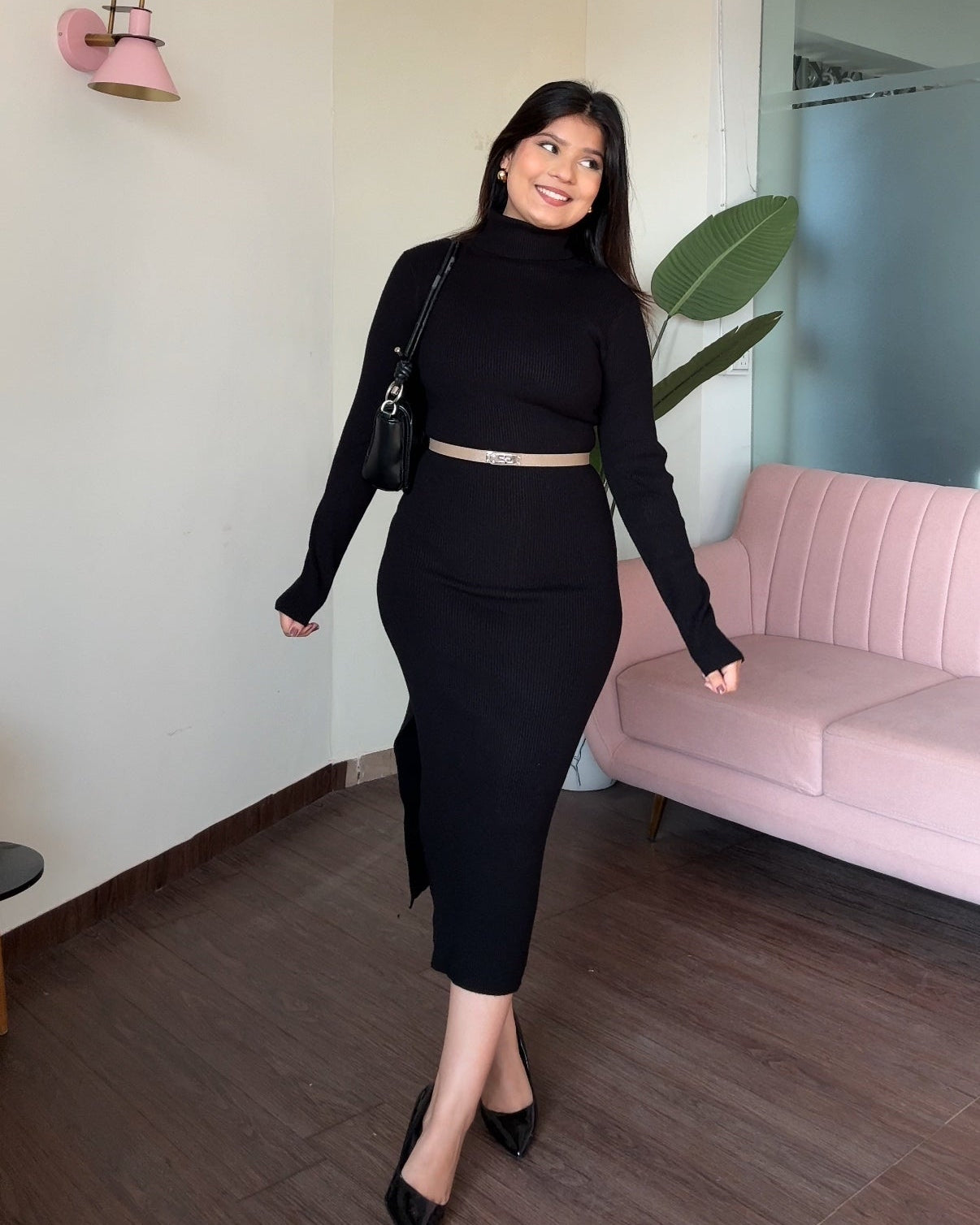 High Neck Ribbed Knitted Midi Dress With Belt