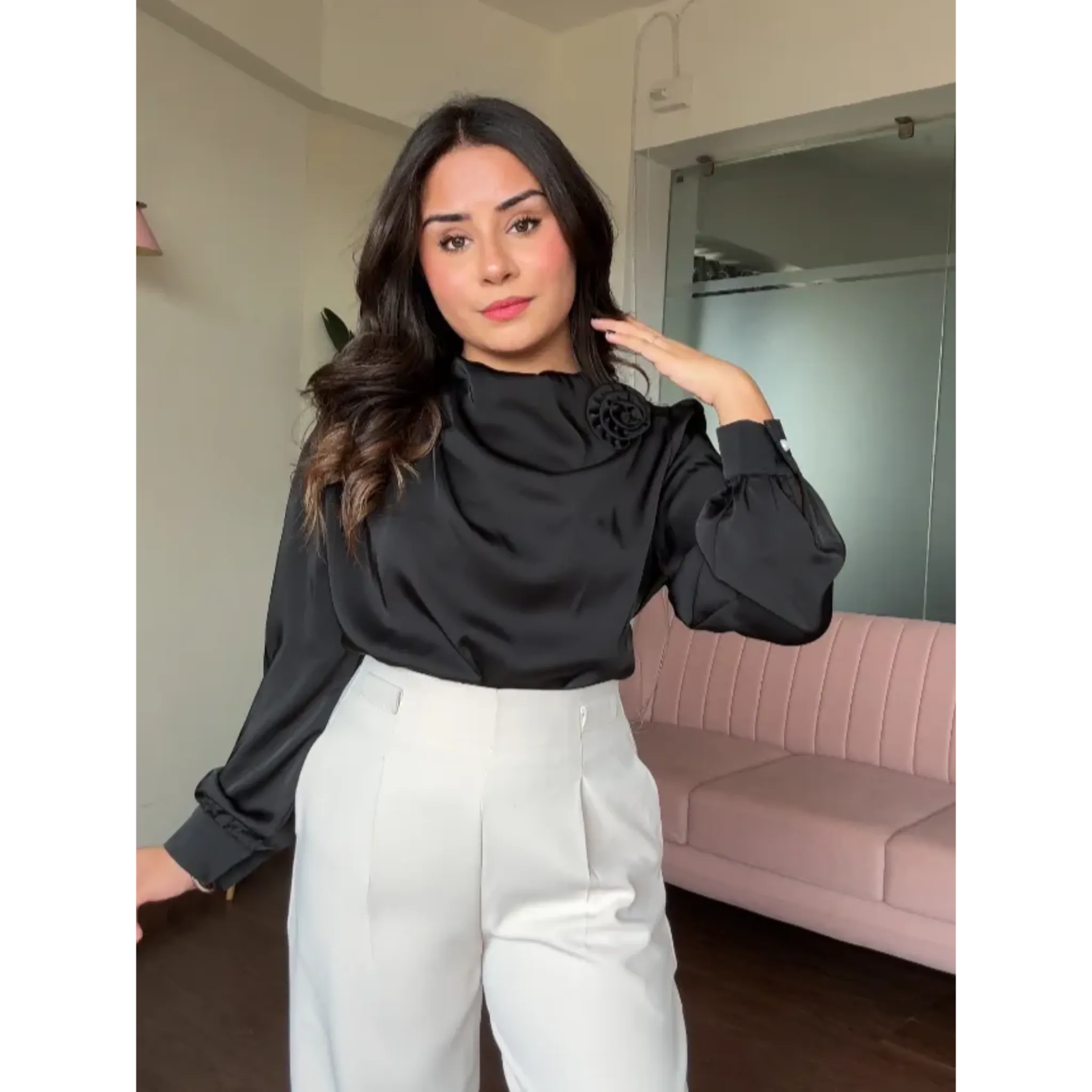 Draped Satin Blouse With Rose Attachment