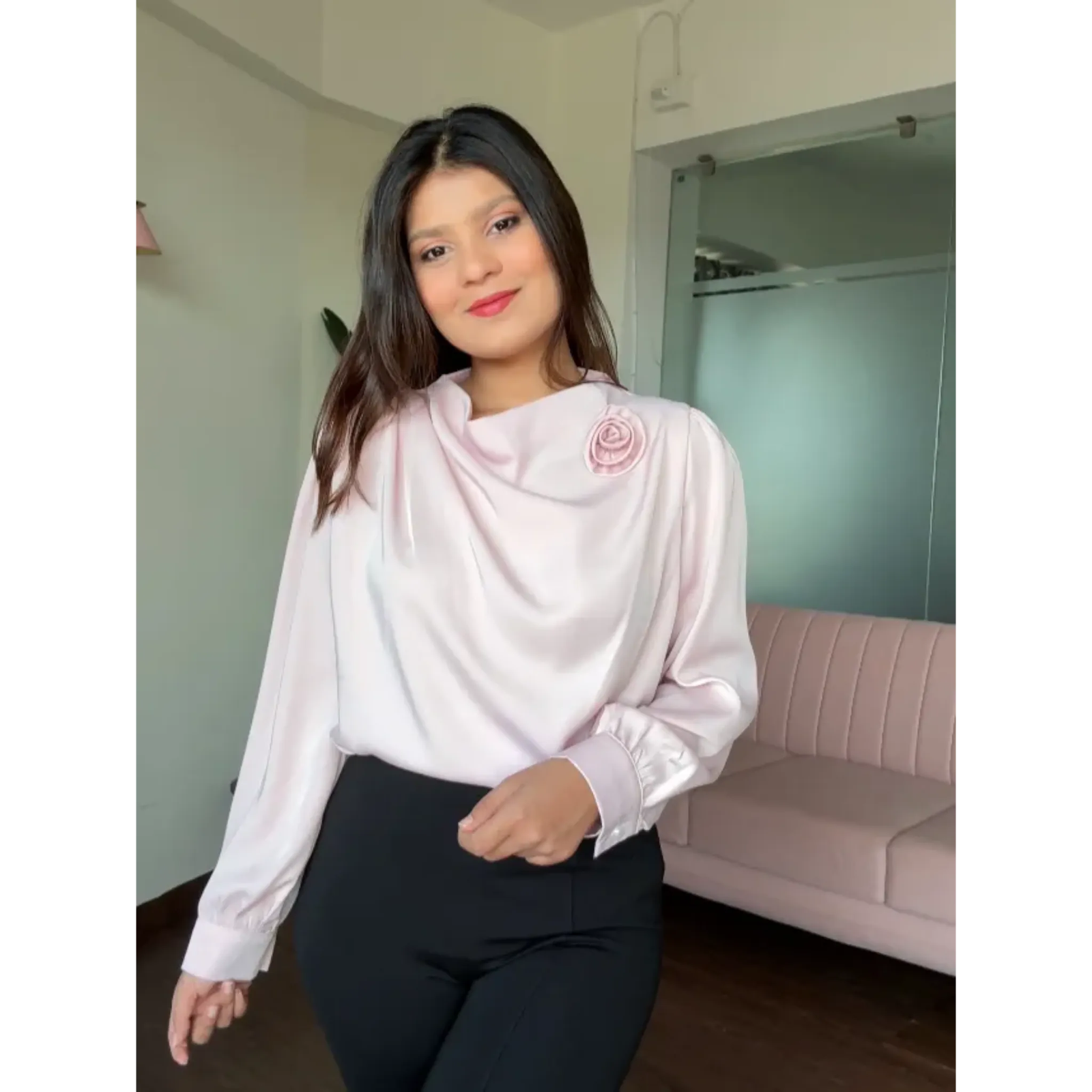 Draped Satin Blouse With Rose Attachment