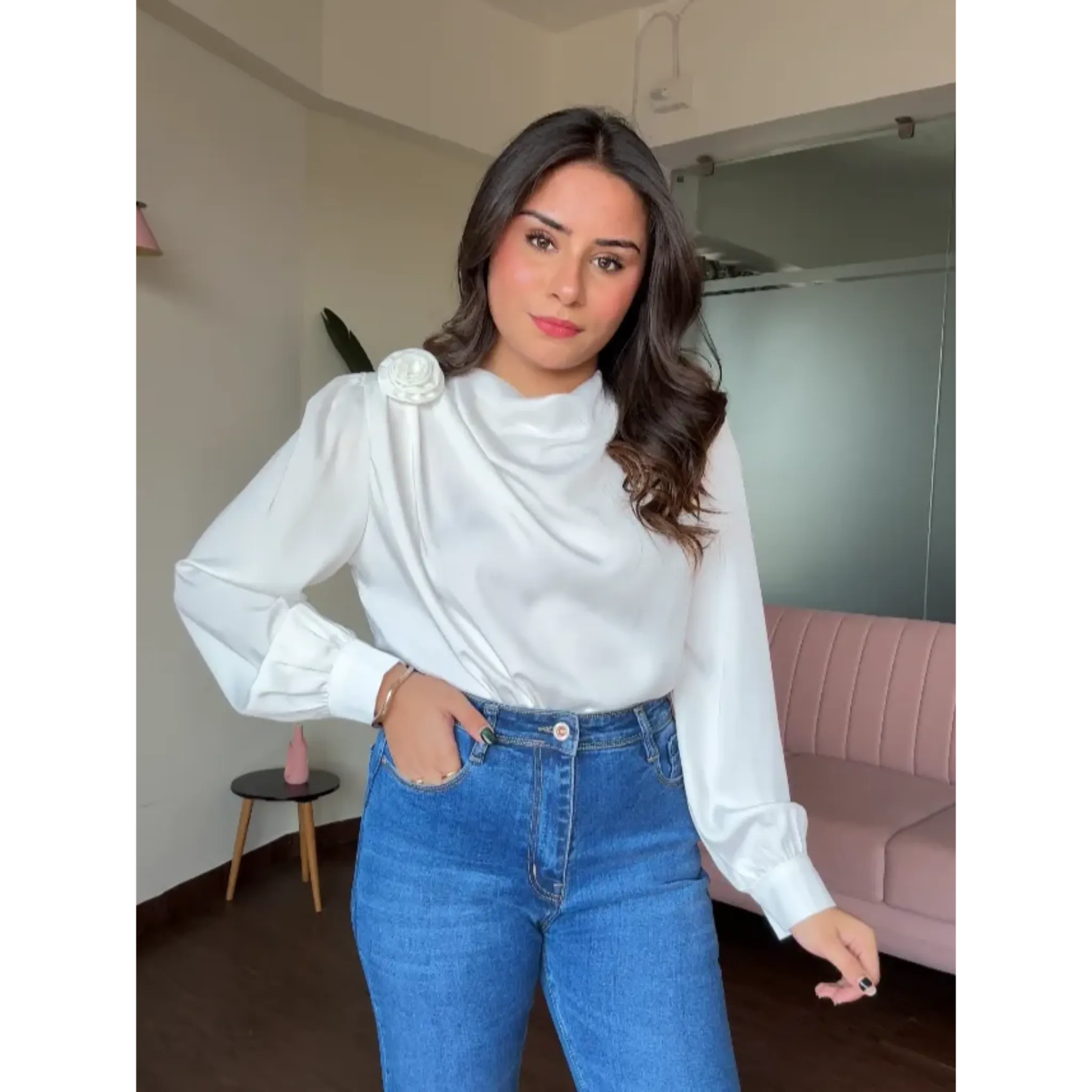 Draped Satin Blouse With Rose Attachment