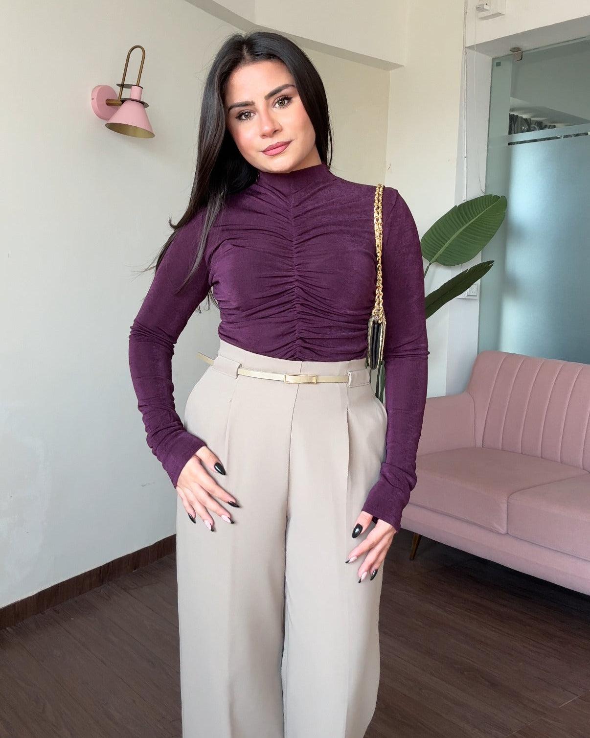 Ruched Detailing Full Sleeve High Neck Top