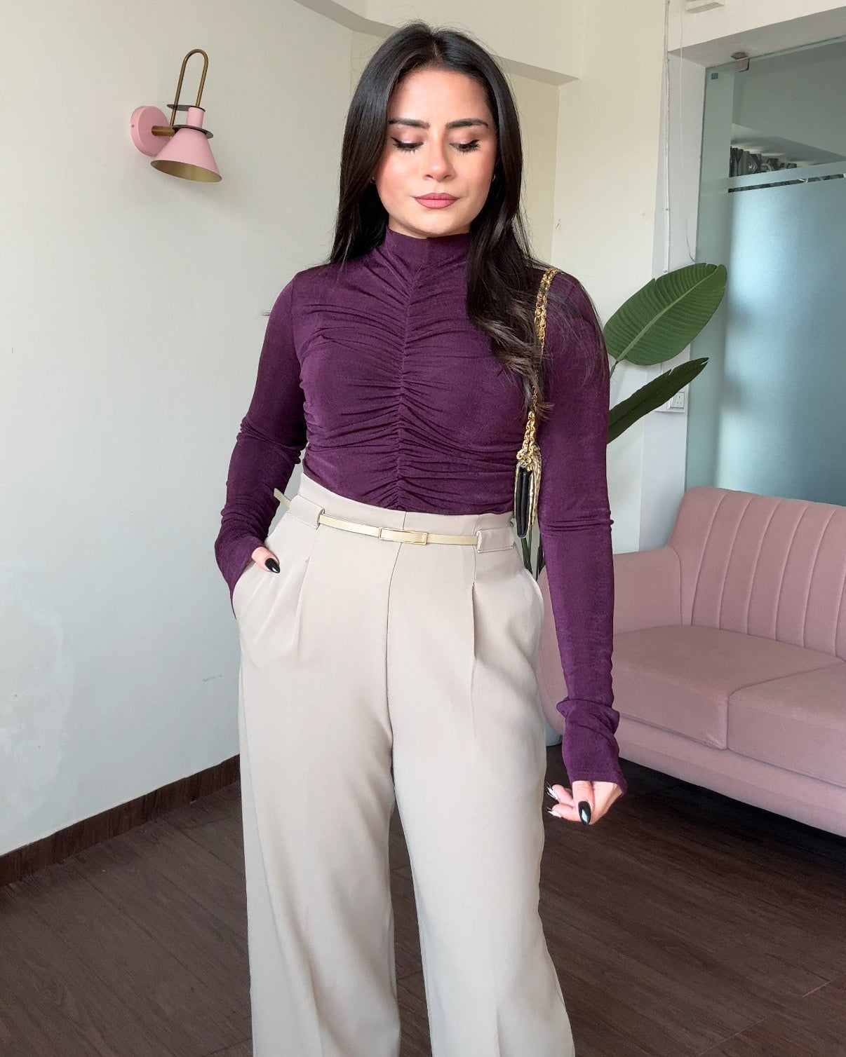 Ruched Detailing Full Sleeve High Neck Top