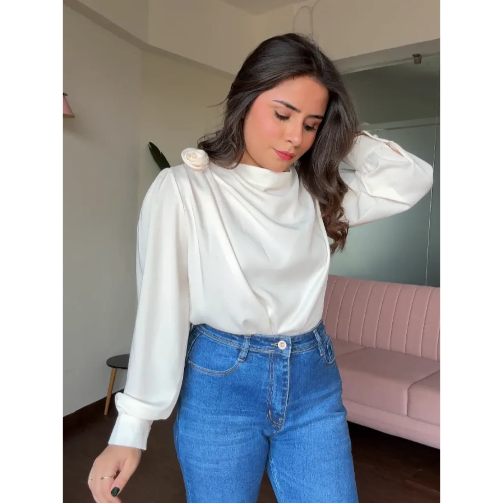 Draped Satin Blouse With Rose Attachment