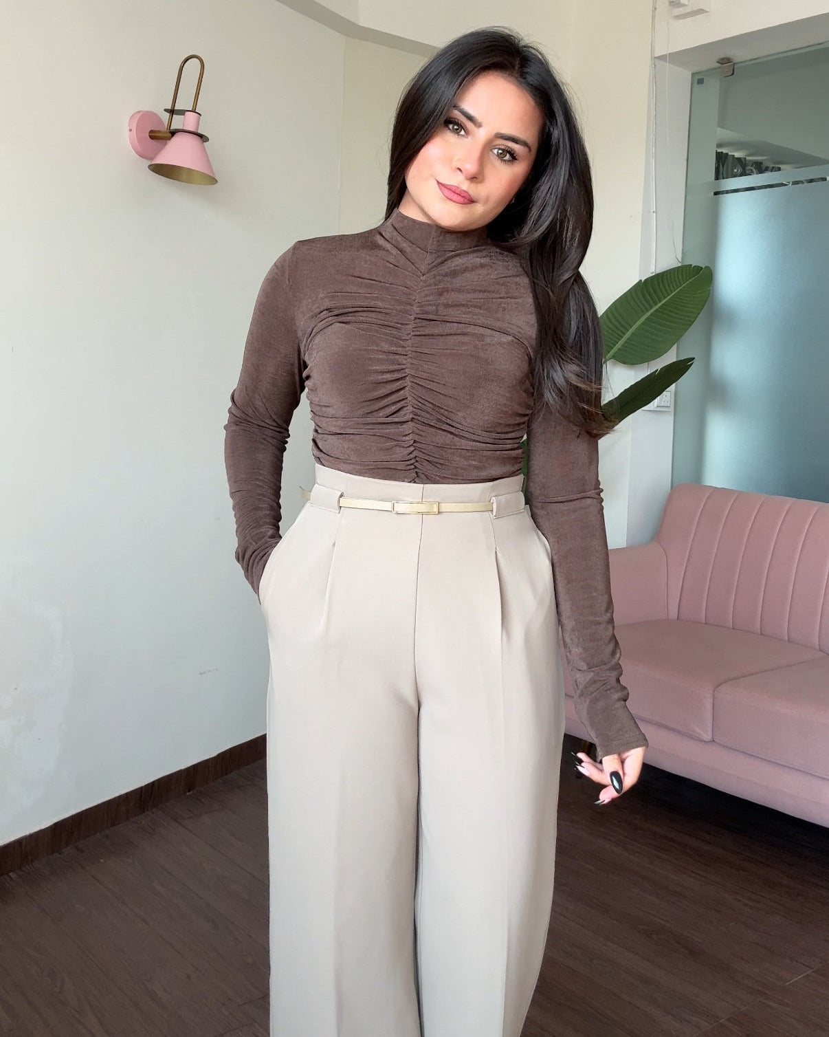 Ruched Detailing Full Sleeve High Neck Top