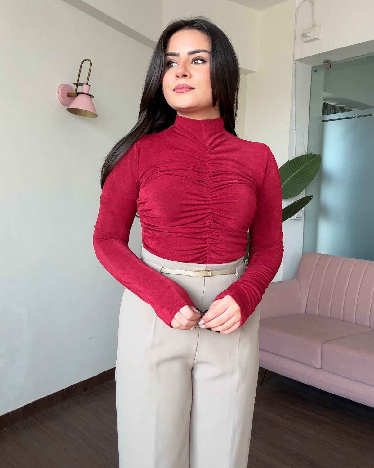 Ruched Detailing Full Sleeve High Neck Top