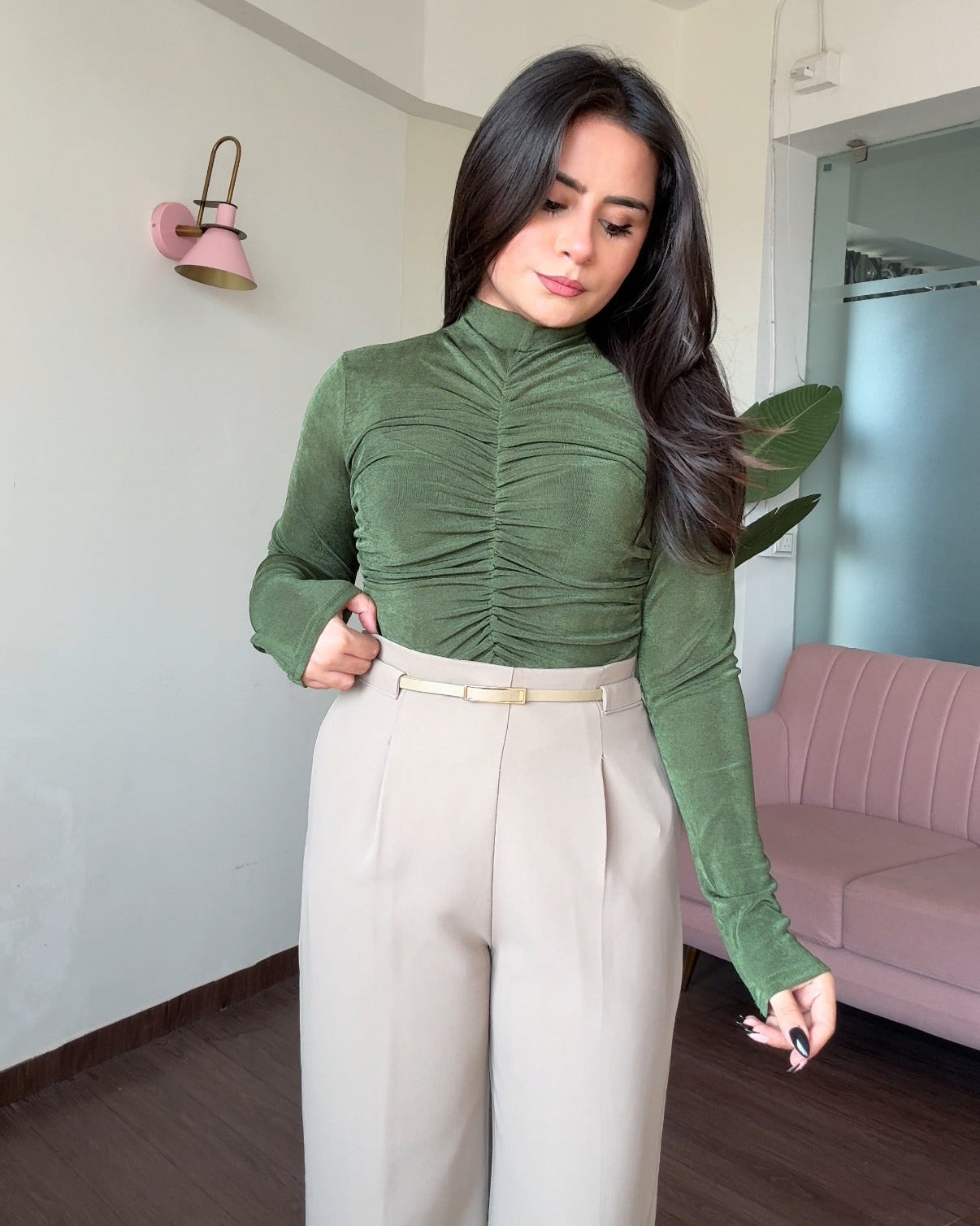 Ruched Detailing Full Sleeve High Neck Top