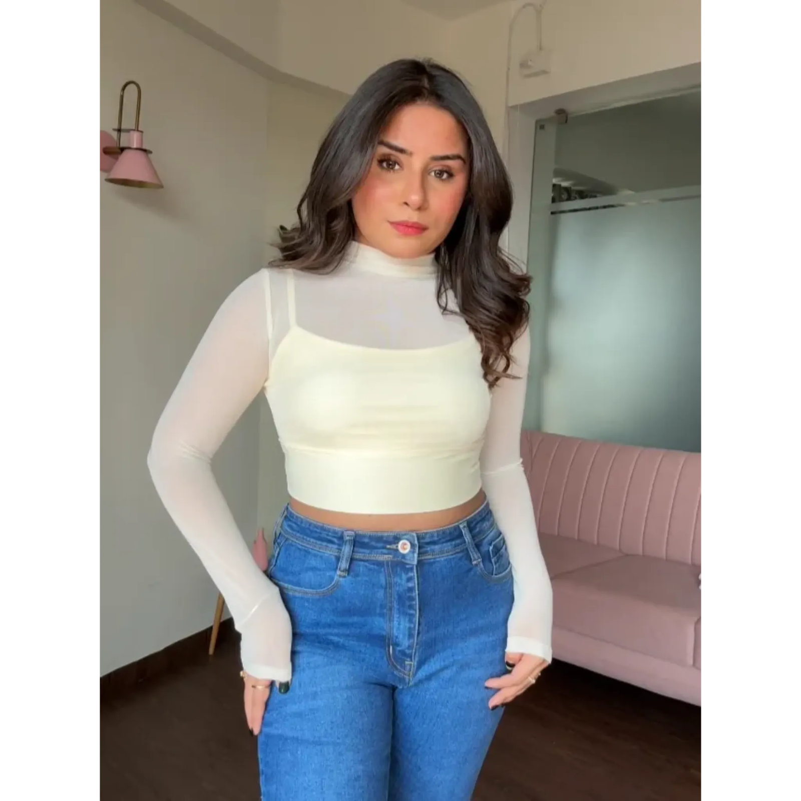 Mesh Solid Highneck Full Sleeves Top