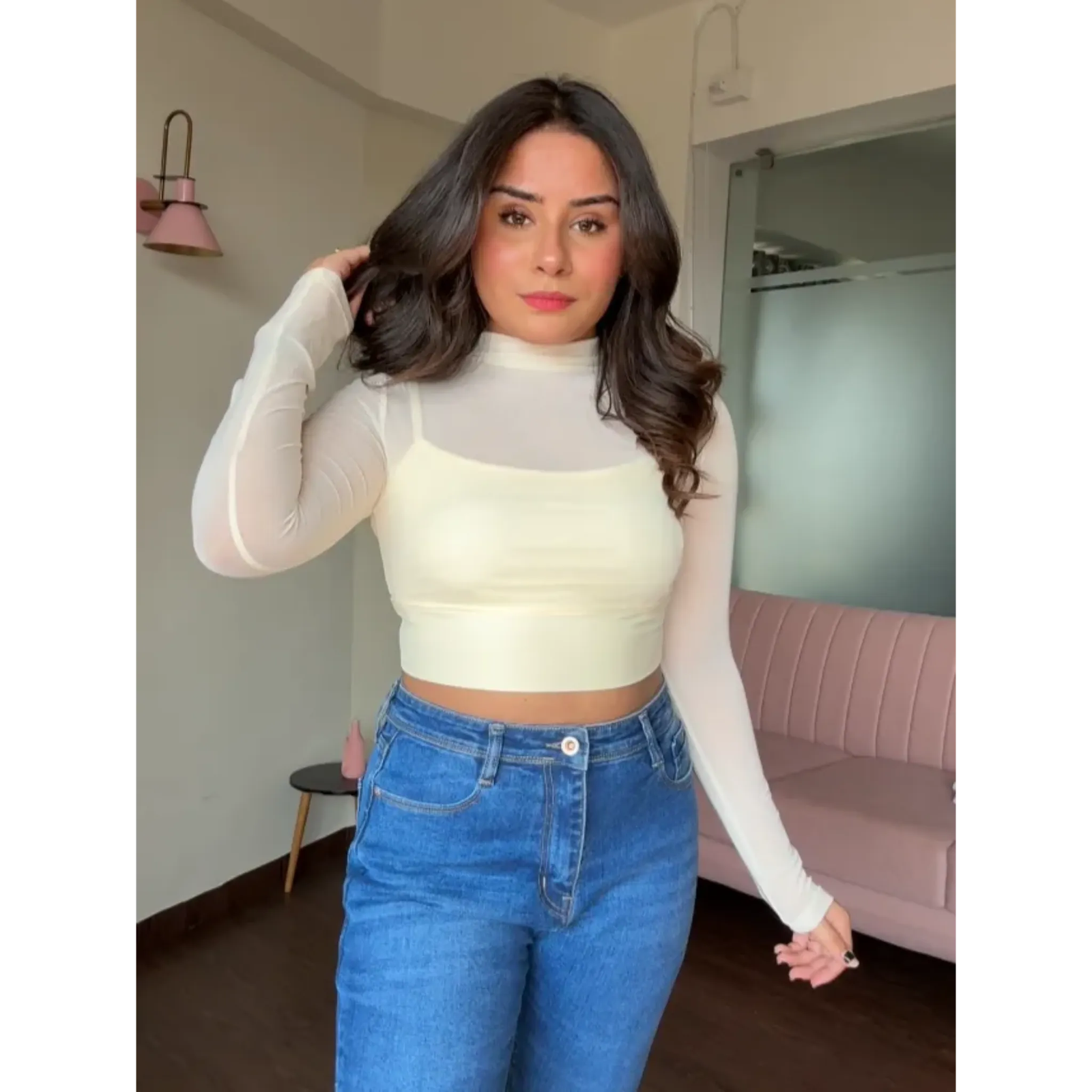 Mesh Solid Highneck Full Sleeves Top