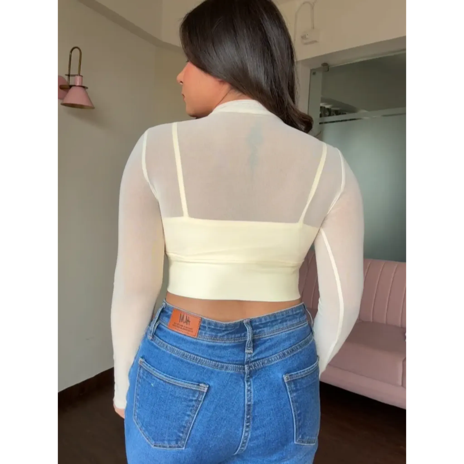 Mesh Solid Highneck Full Sleeves Top