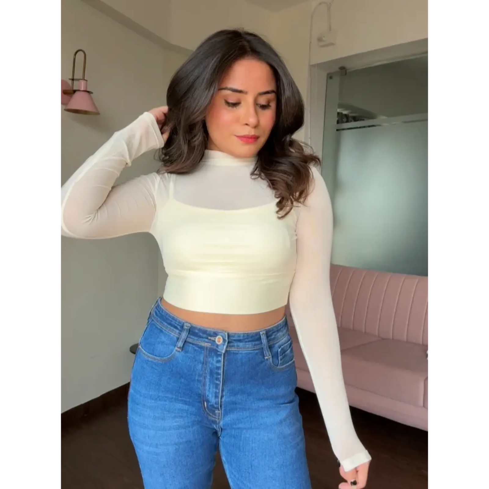 Mesh Solid Highneck Full Sleeves Top