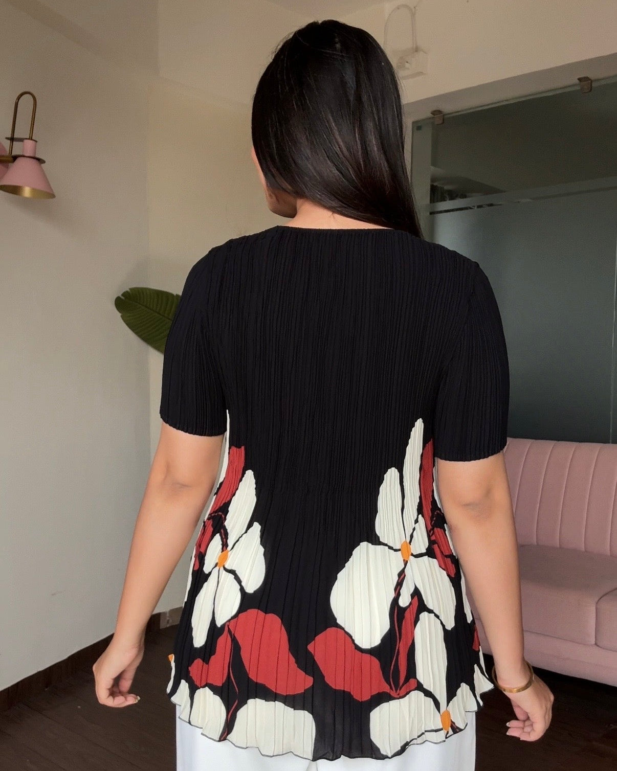 Free Size Pleated Fabric Peplum Top With Floral Detailing
