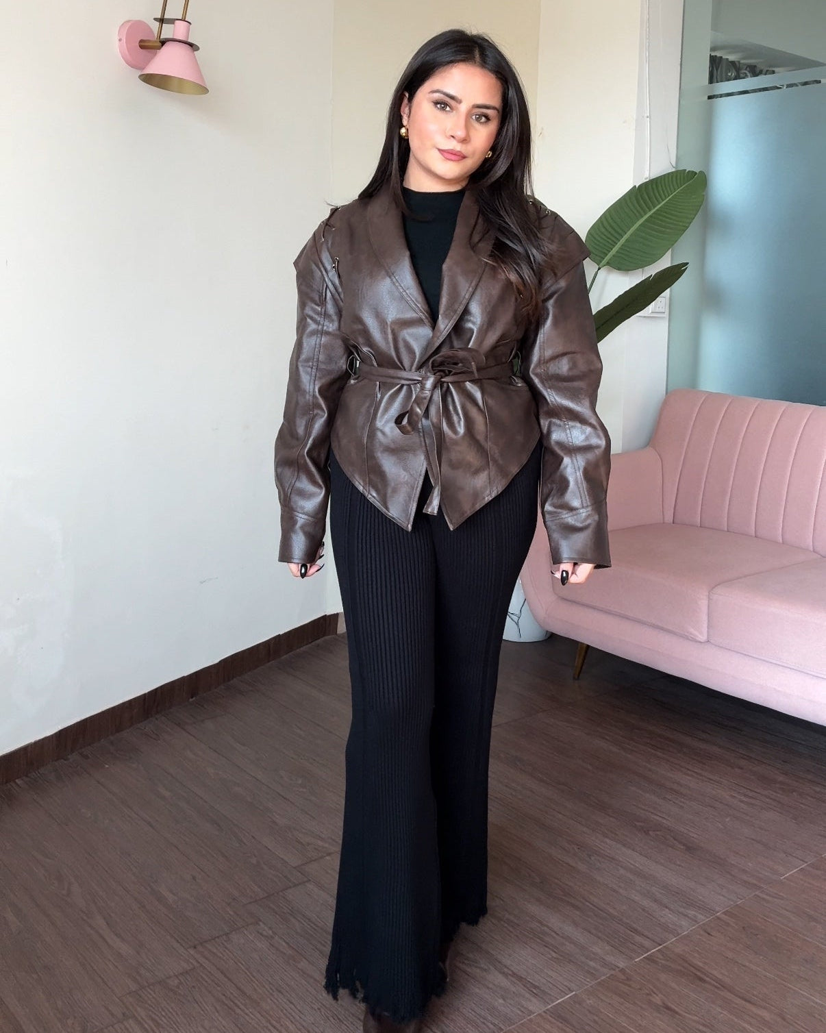 Retro Lace Up Leather Jacket With Belt