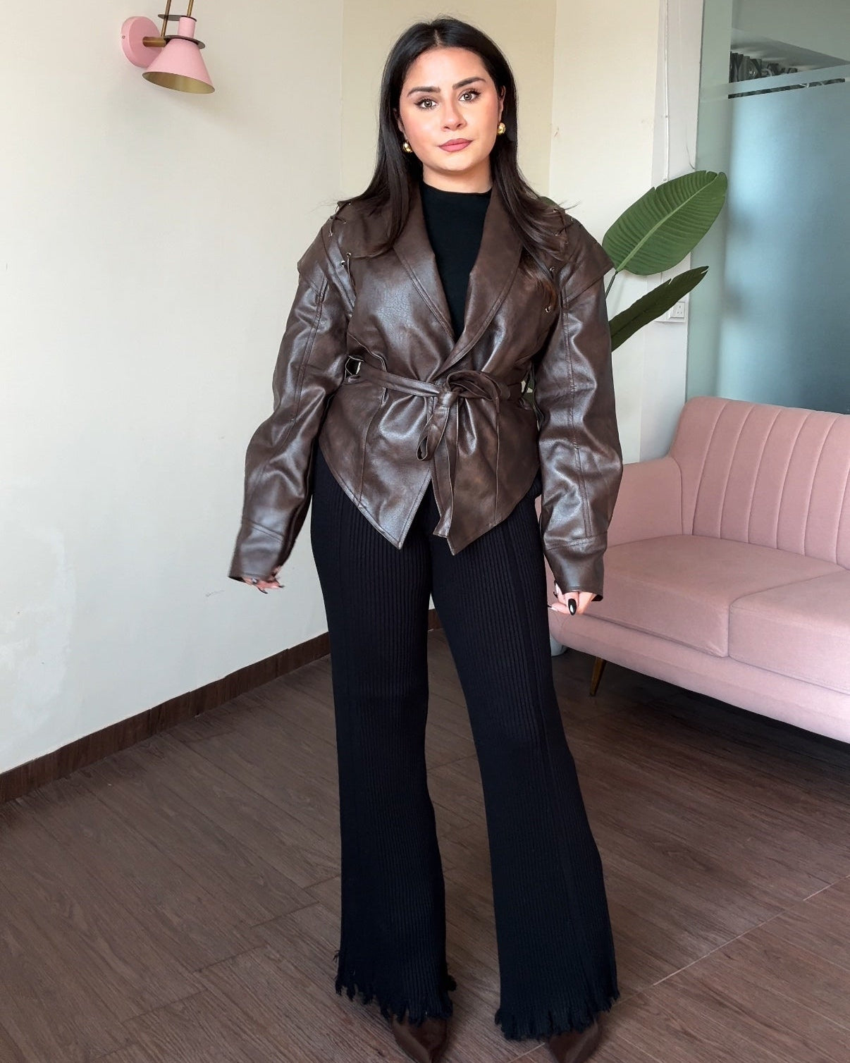 Retro Lace Up Leather Jacket With Belt