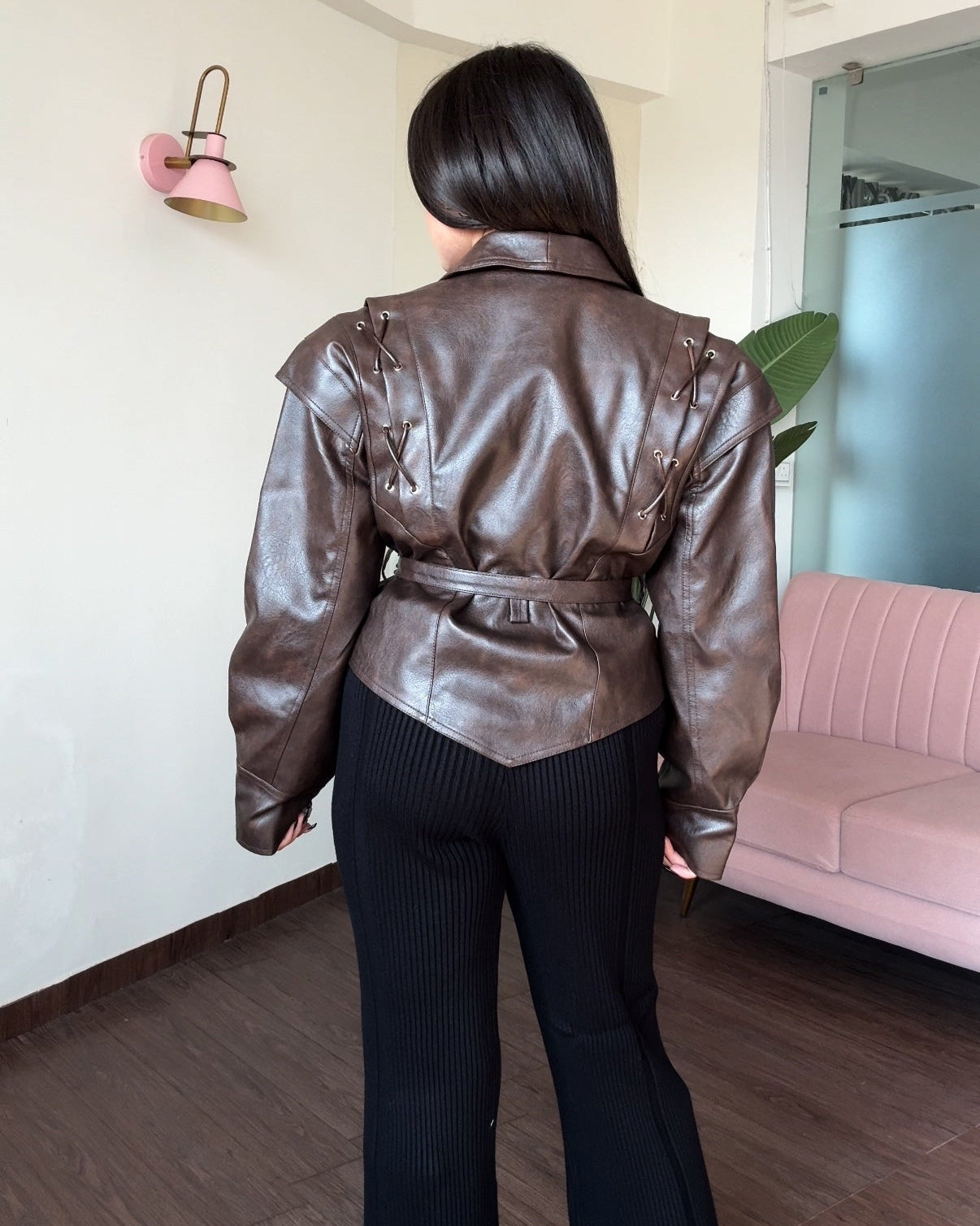 Retro Lace Up Leather Jacket With Belt