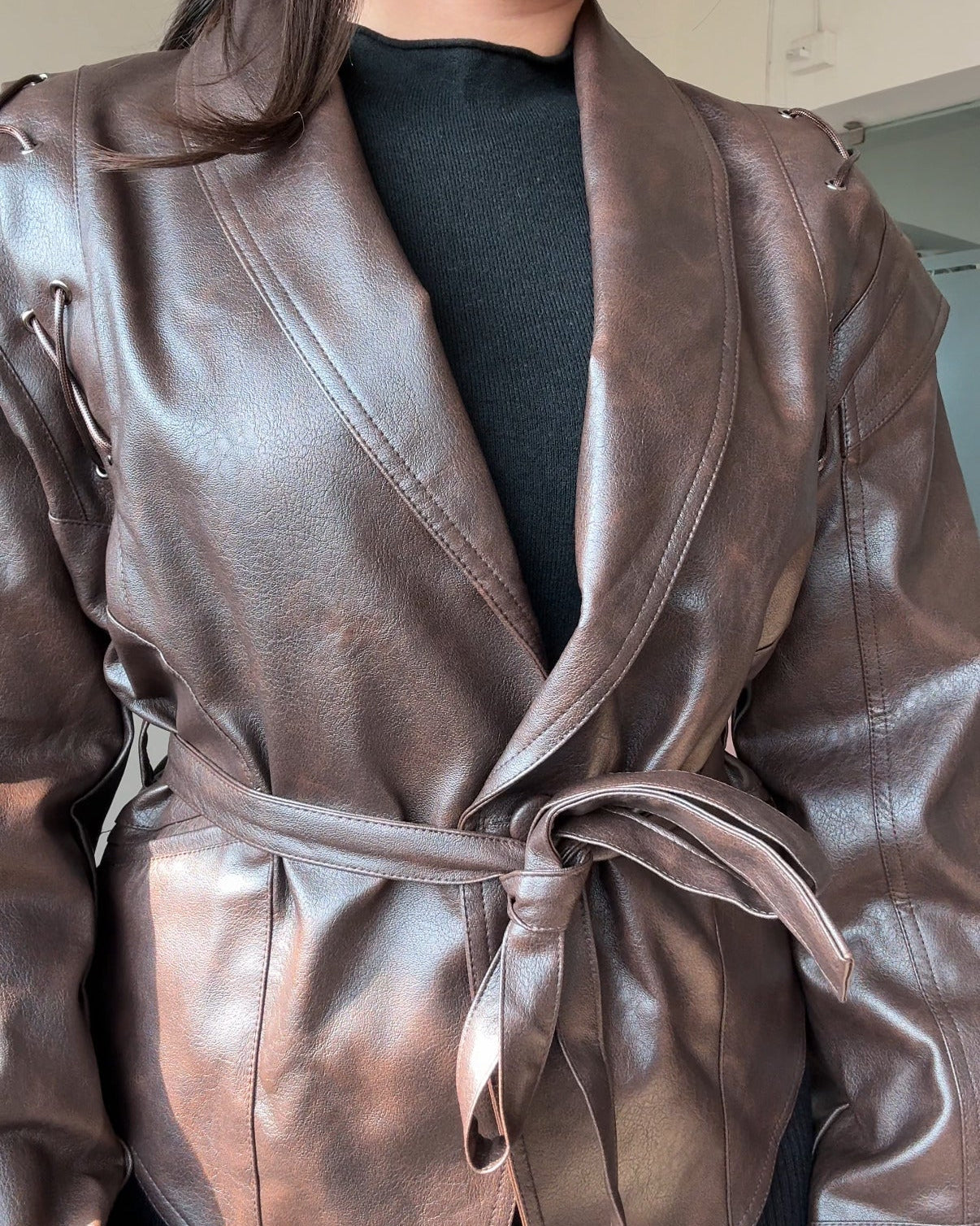 Retro Lace Up Leather Jacket With Belt