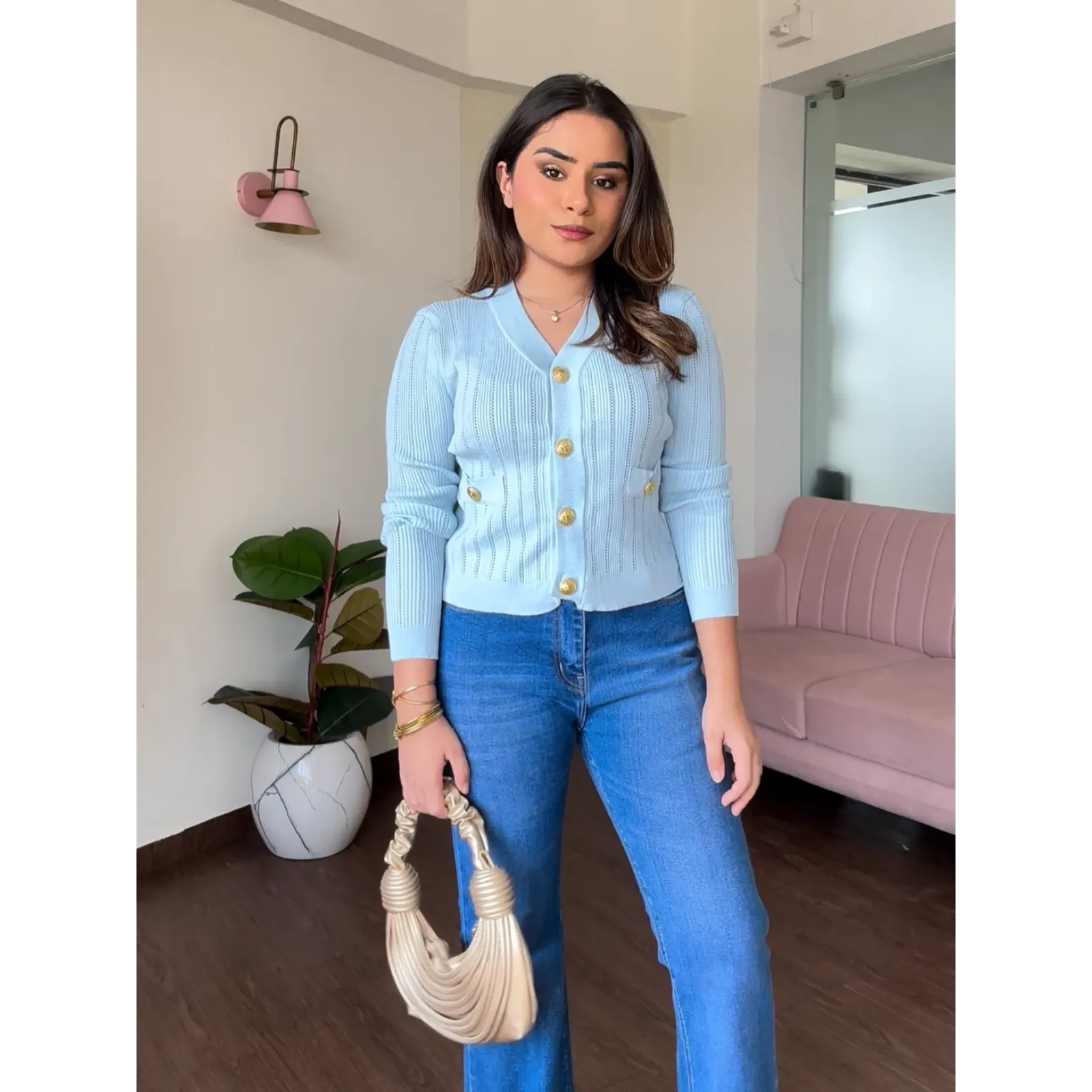 Golden Button Textured Cardigan Top