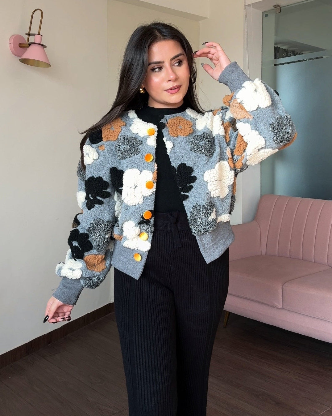 3D Floral Cropped Multicoloured Jacket