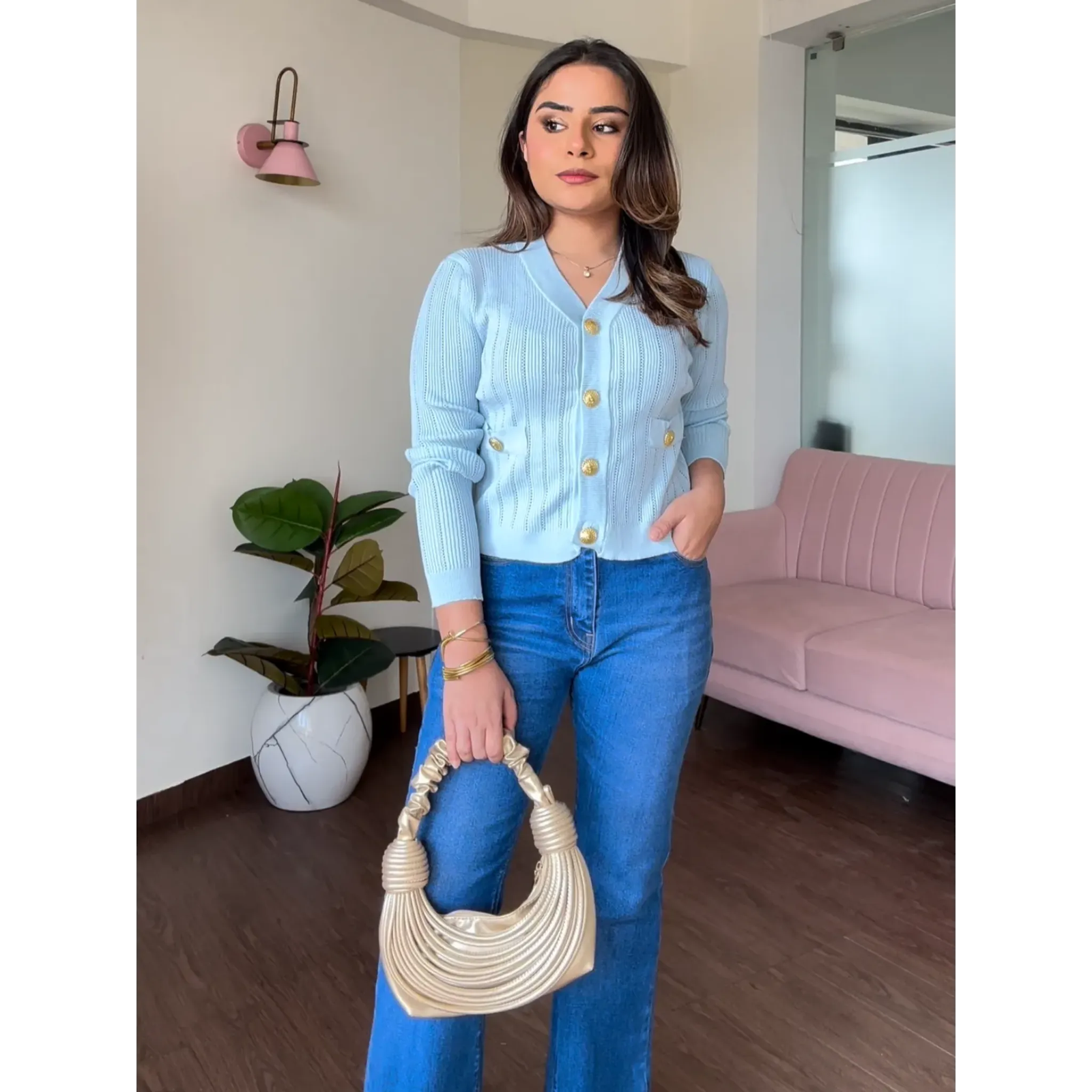 Golden Button Textured Cardigan Top