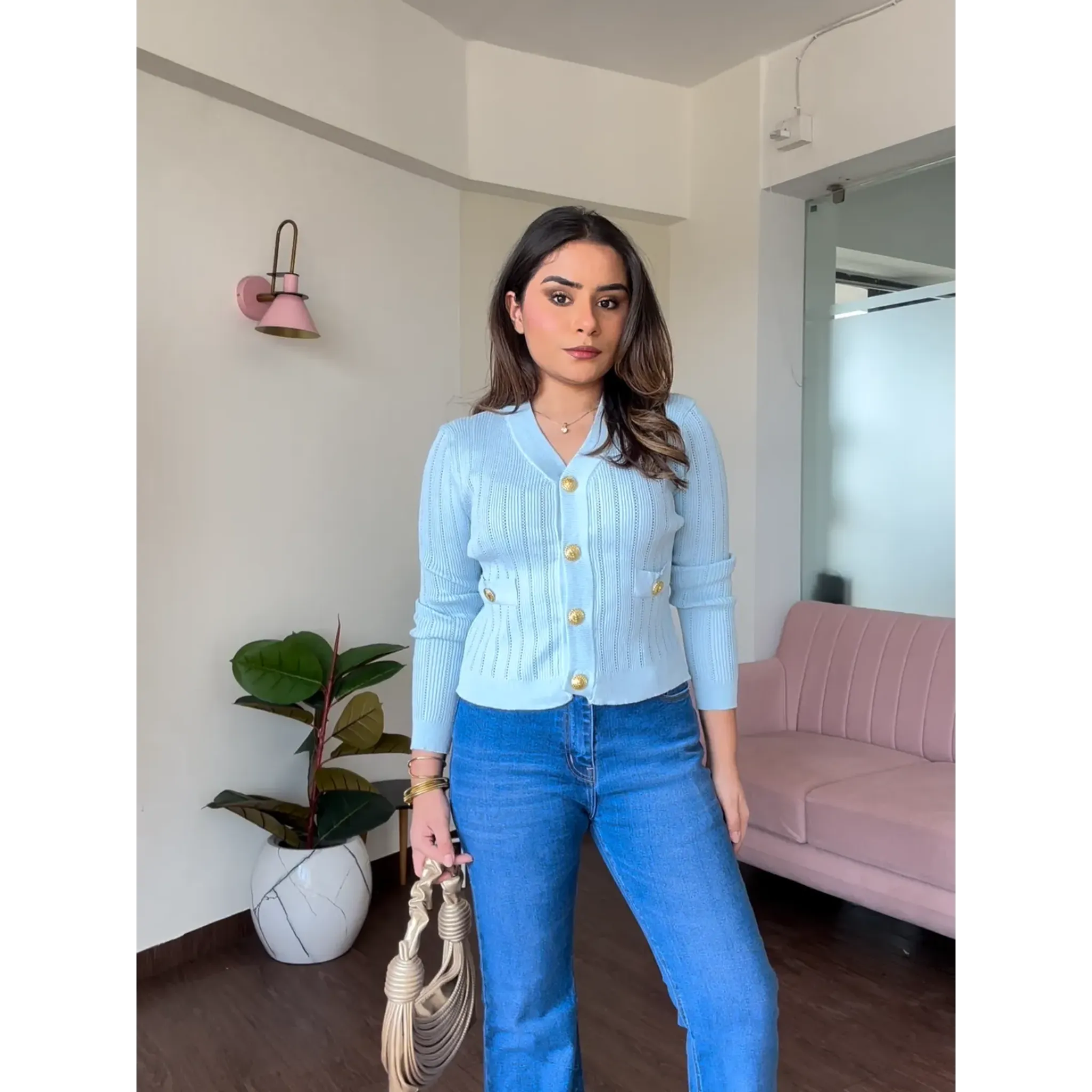 Golden Button Textured Cardigan Top