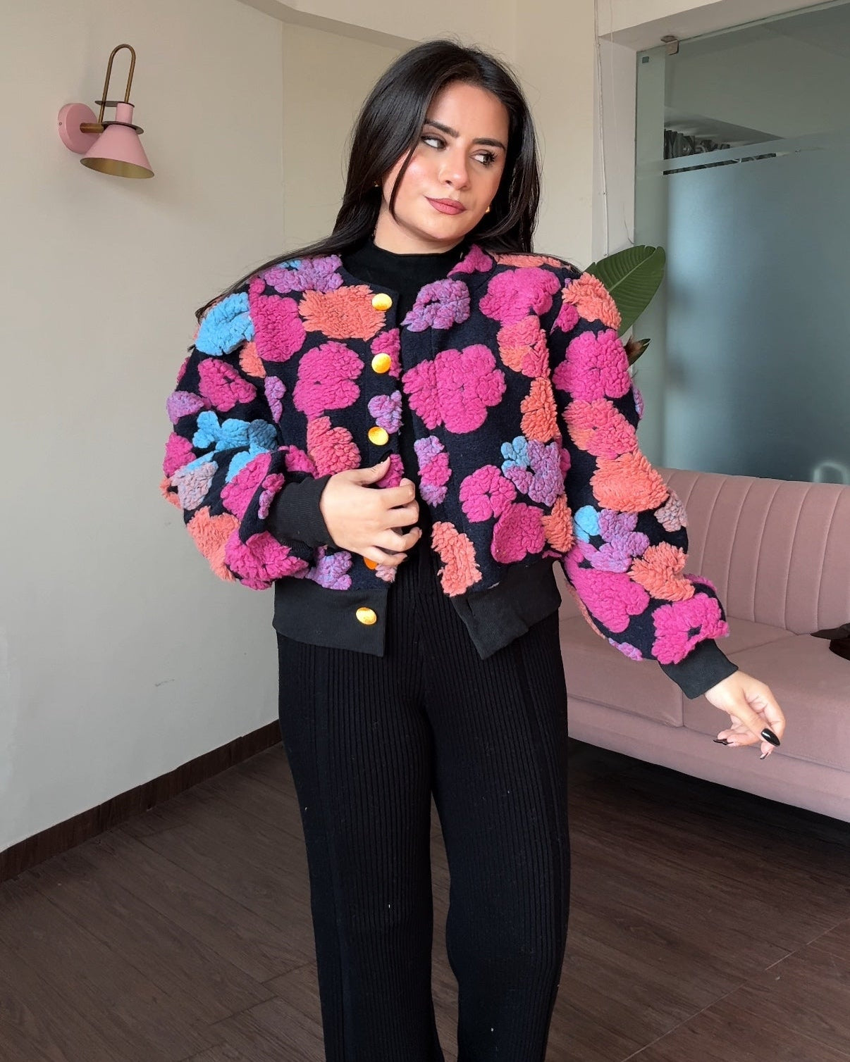 3D Floral Cropped Multicoloured Jacket