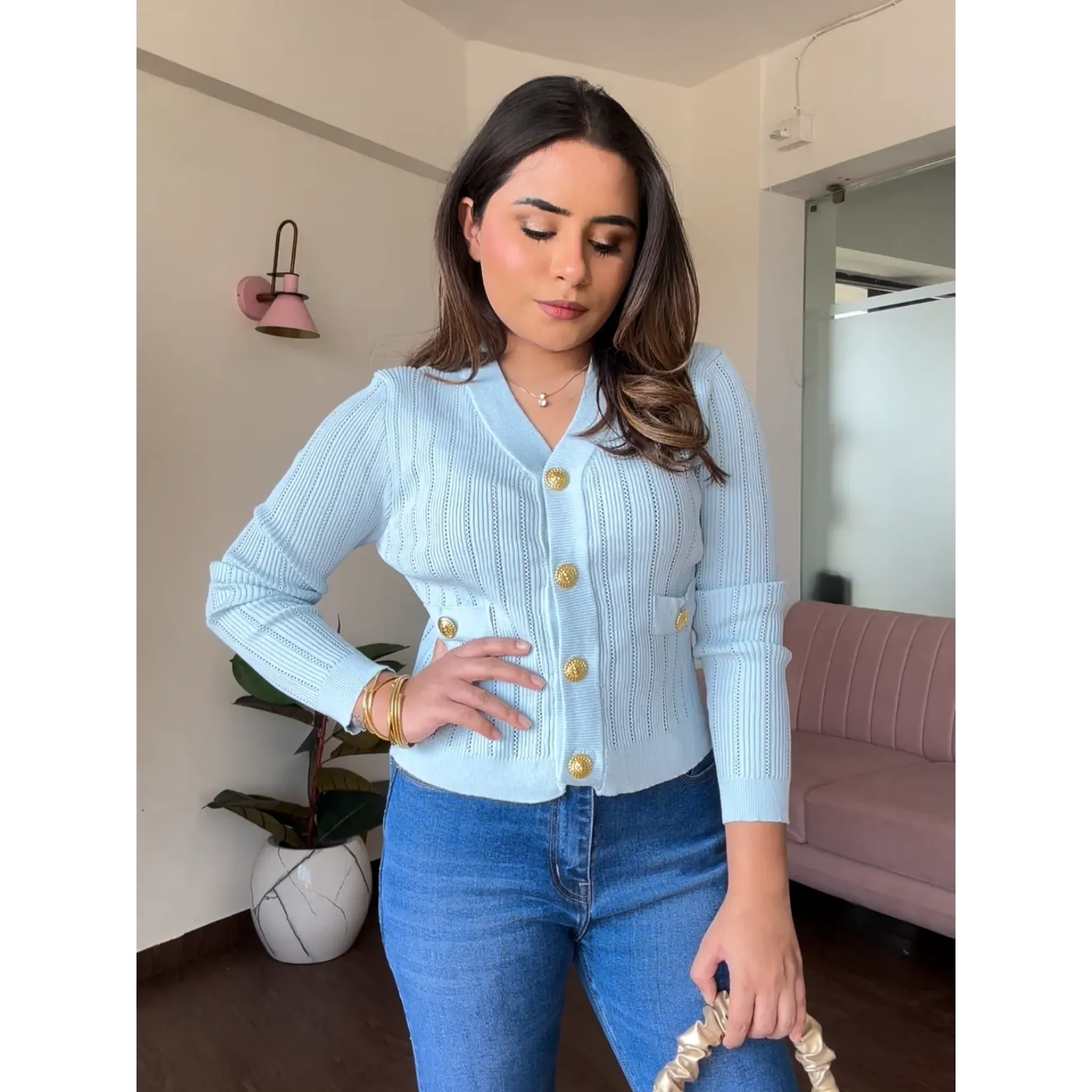 Golden Button Textured Cardigan Top