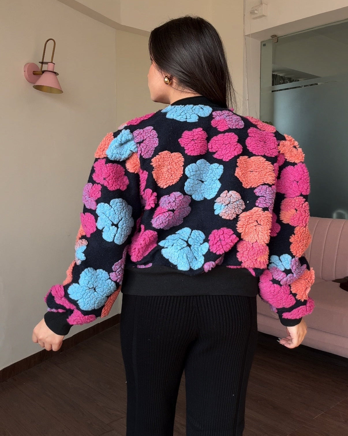 3D Floral Cropped Multicoloured Jacket