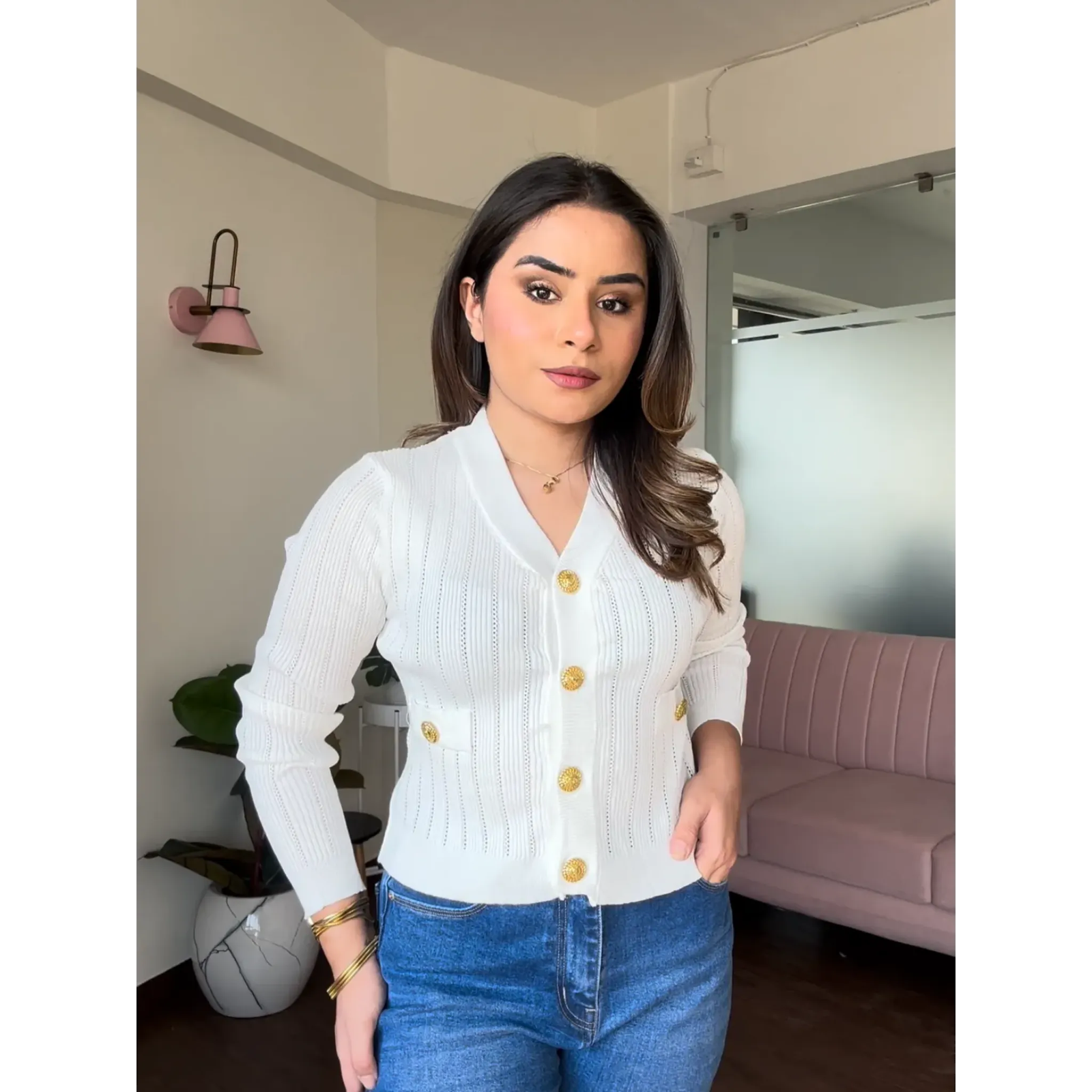 Golden Button Textured Cardigan Top