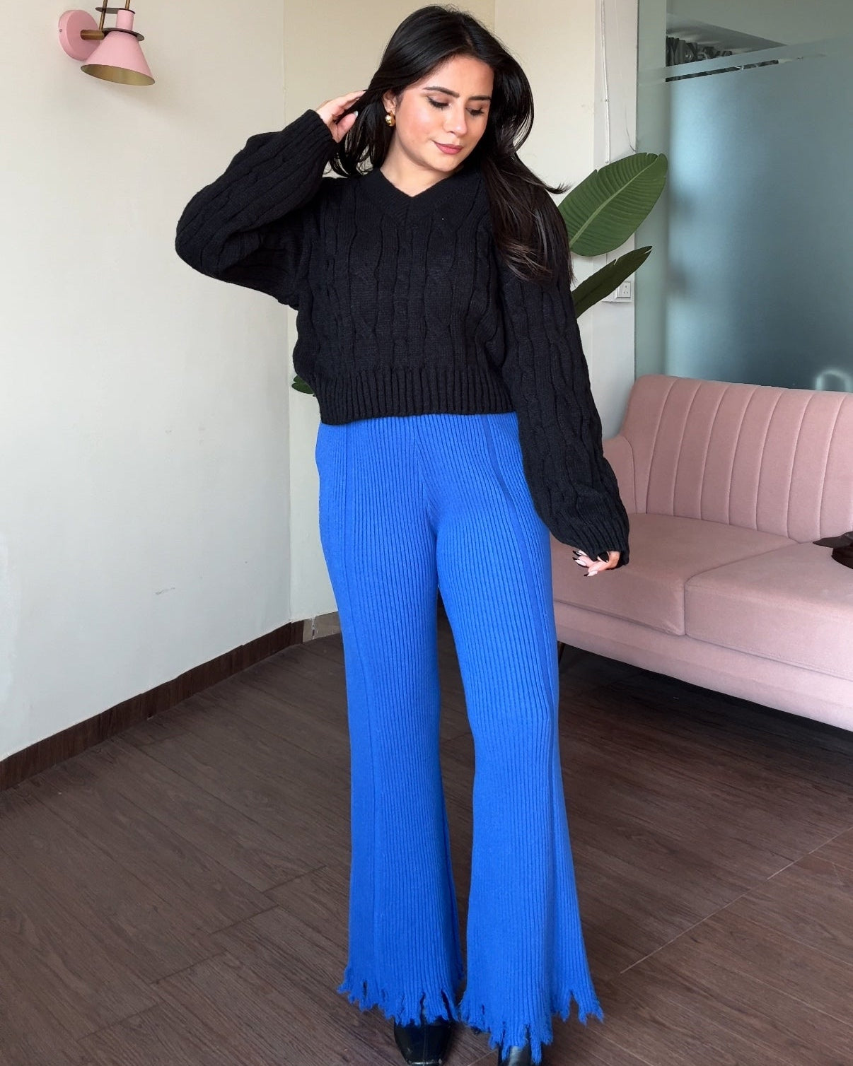 Textured Woollen Hem Detailing Flared Pant