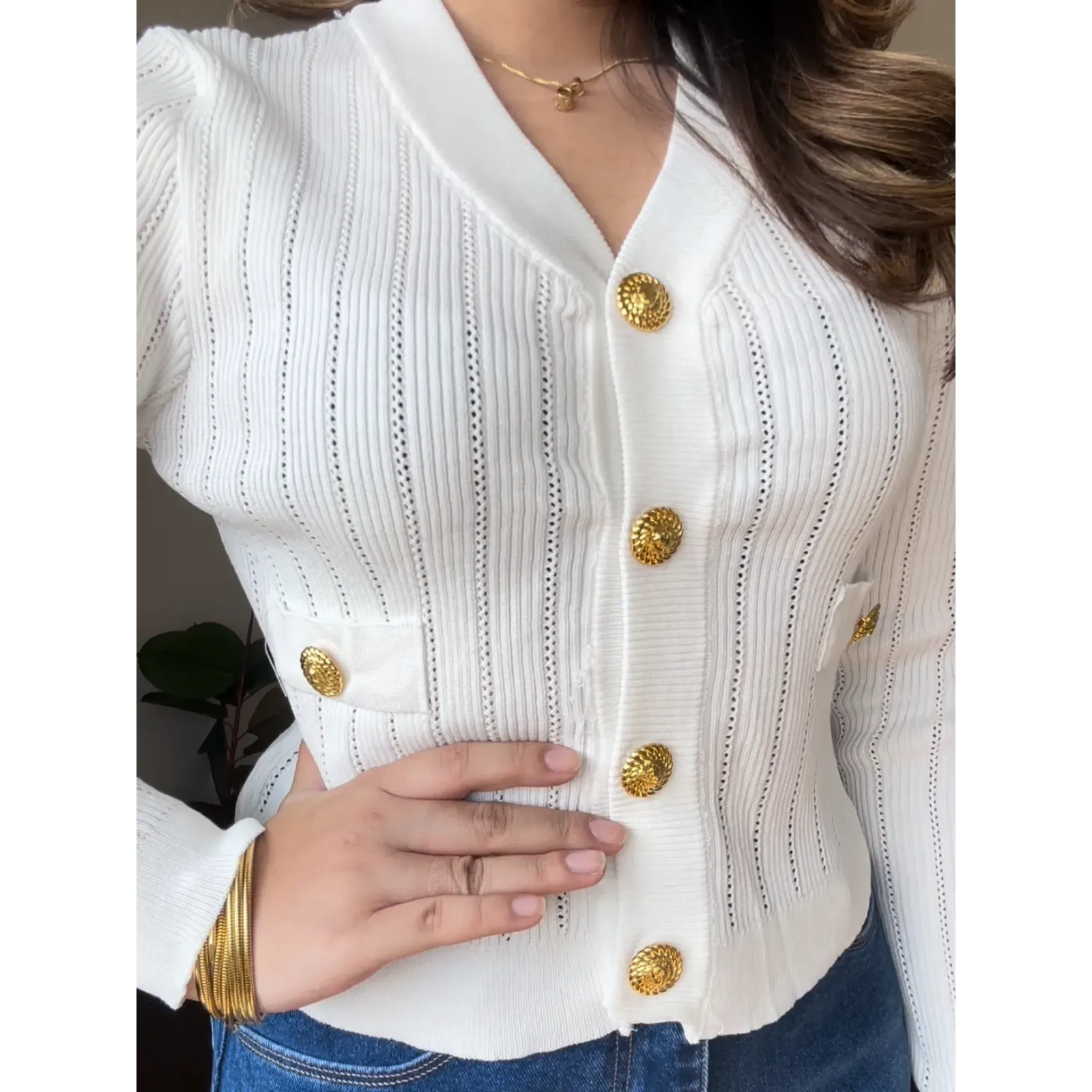 Golden Button Textured Cardigan Top