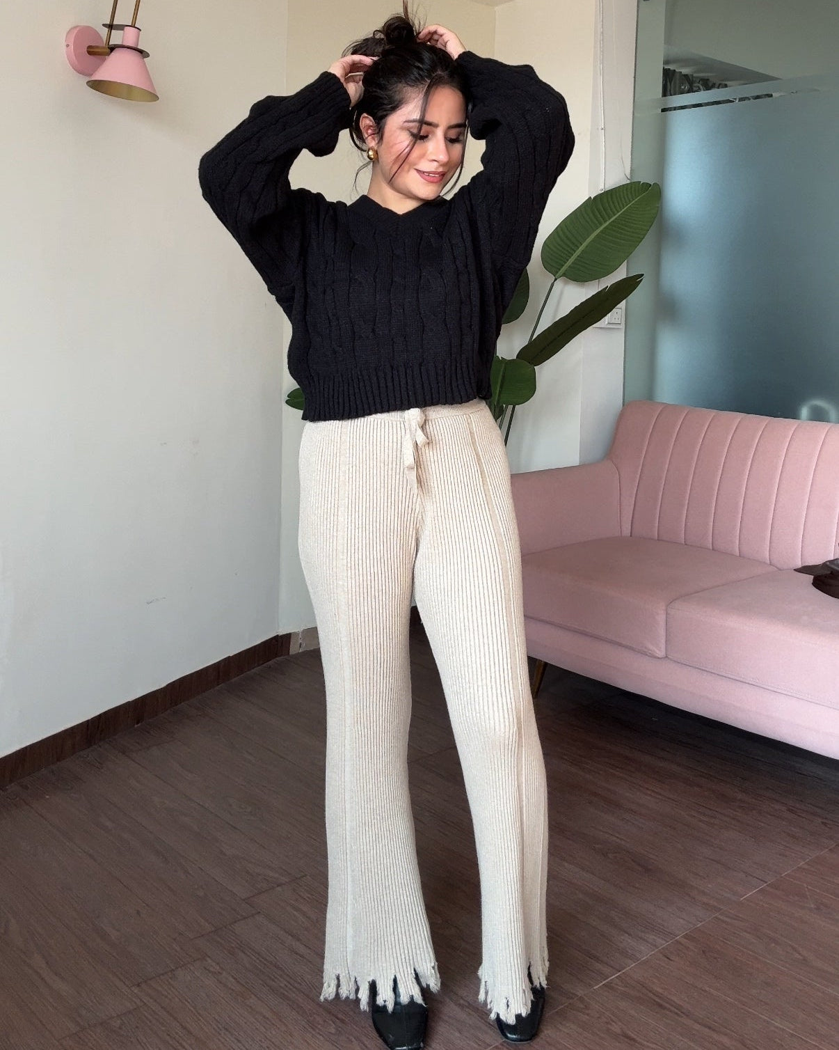 Textured Woollen Hem Detailing Flared Pant