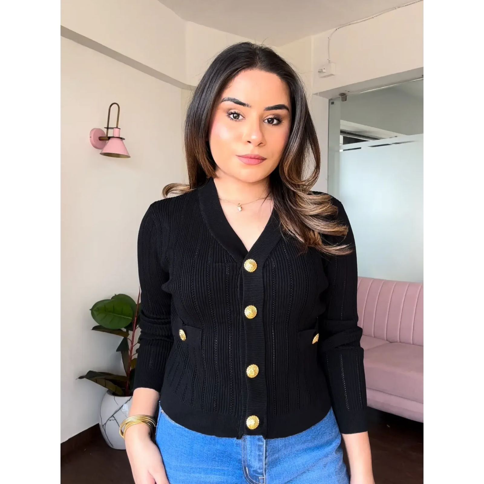 Golden Button Textured Cardigan Top