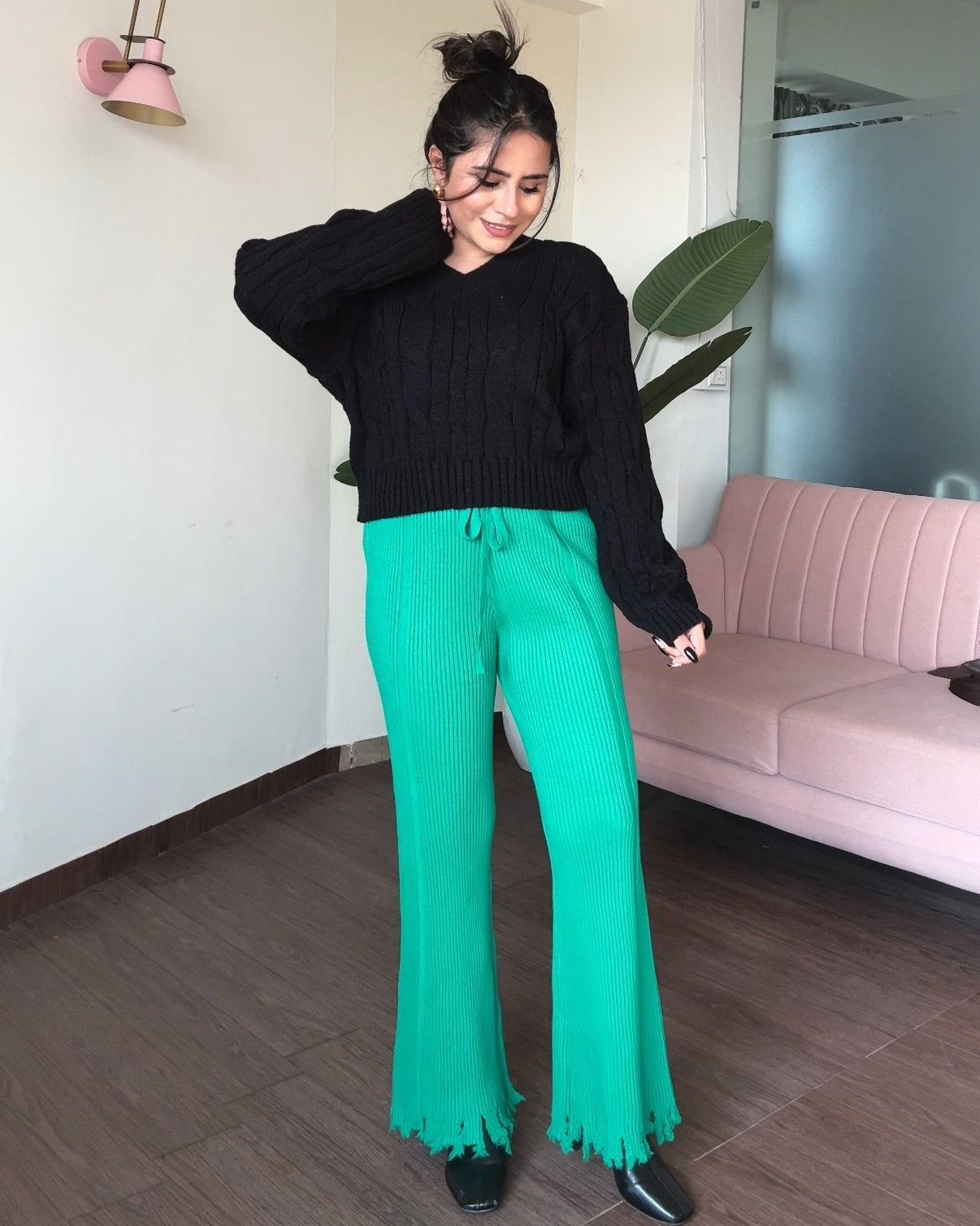 Textured Woollen Hem Detailing Flared Pant