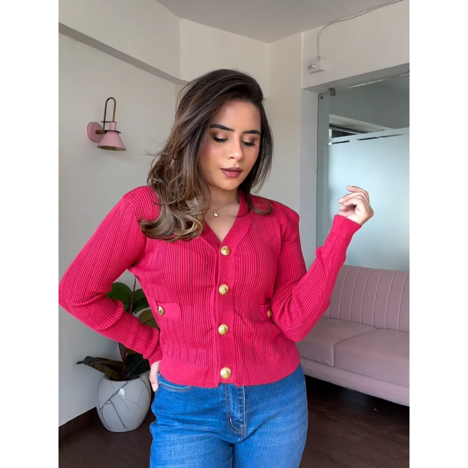 Golden Button Textured Cardigan Top