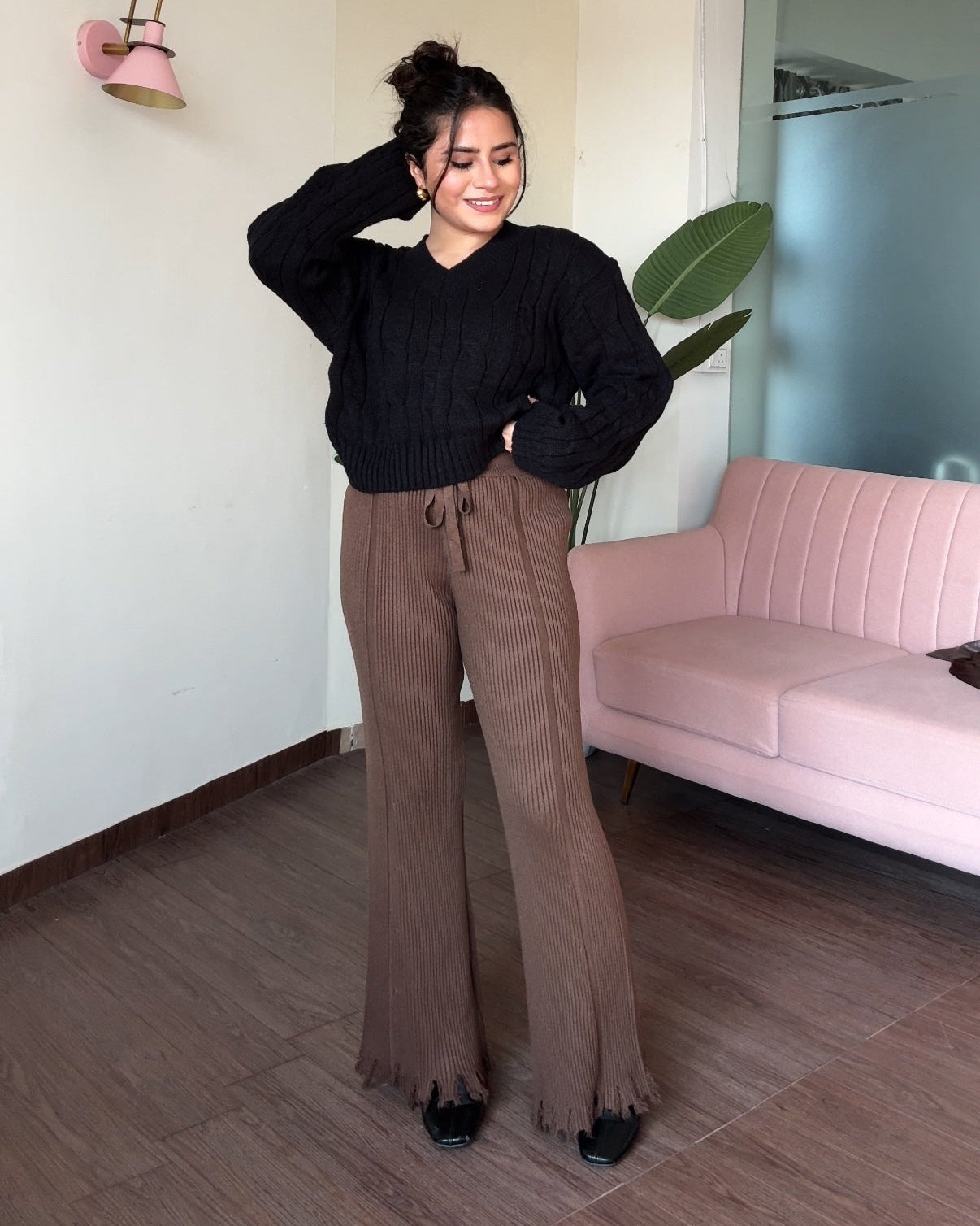 Textured Woollen Hem Detailing Flared Pant