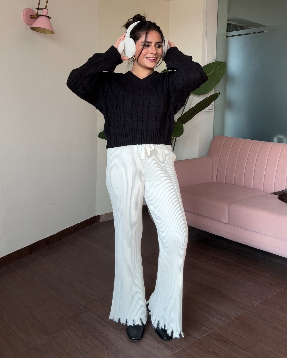 Textured Woollen Hem Detailing Flared Pant