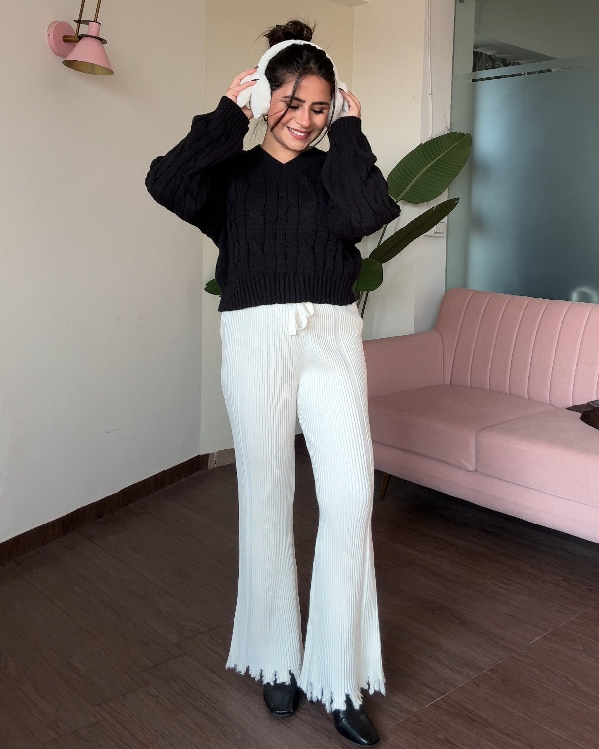 Textured Woollen Hem Detailing Flared Pant