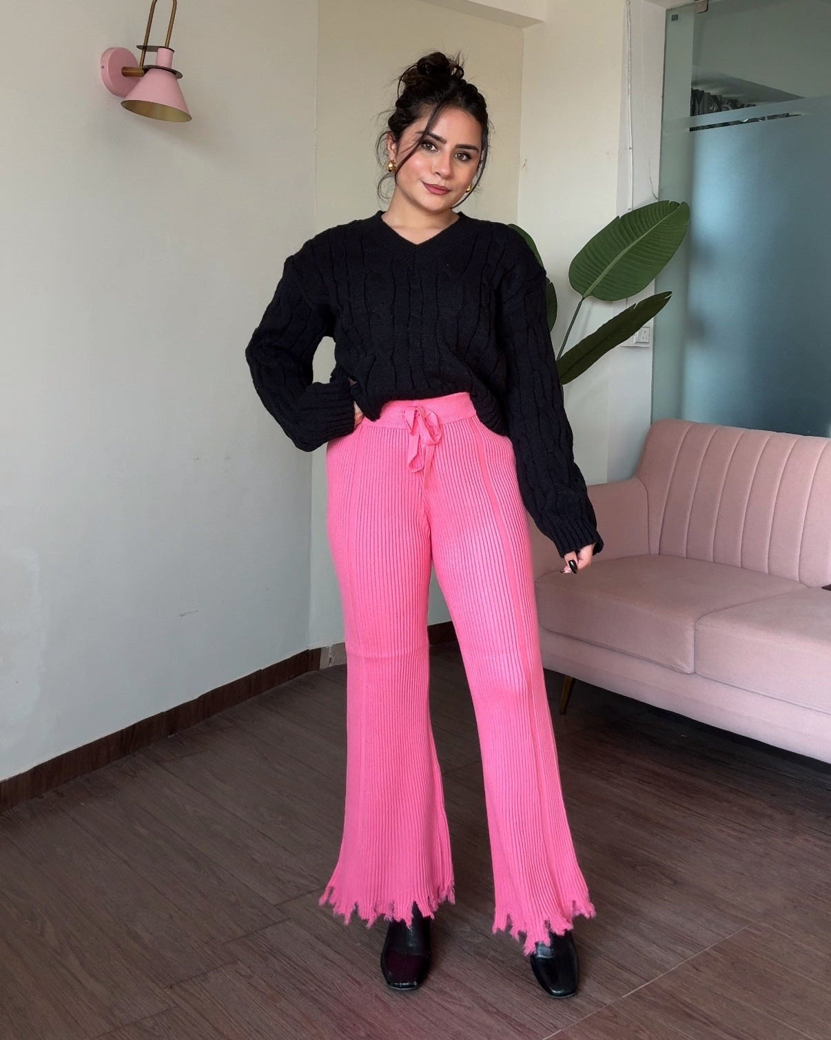 Textured Woollen Hem Detailing Flared Pant