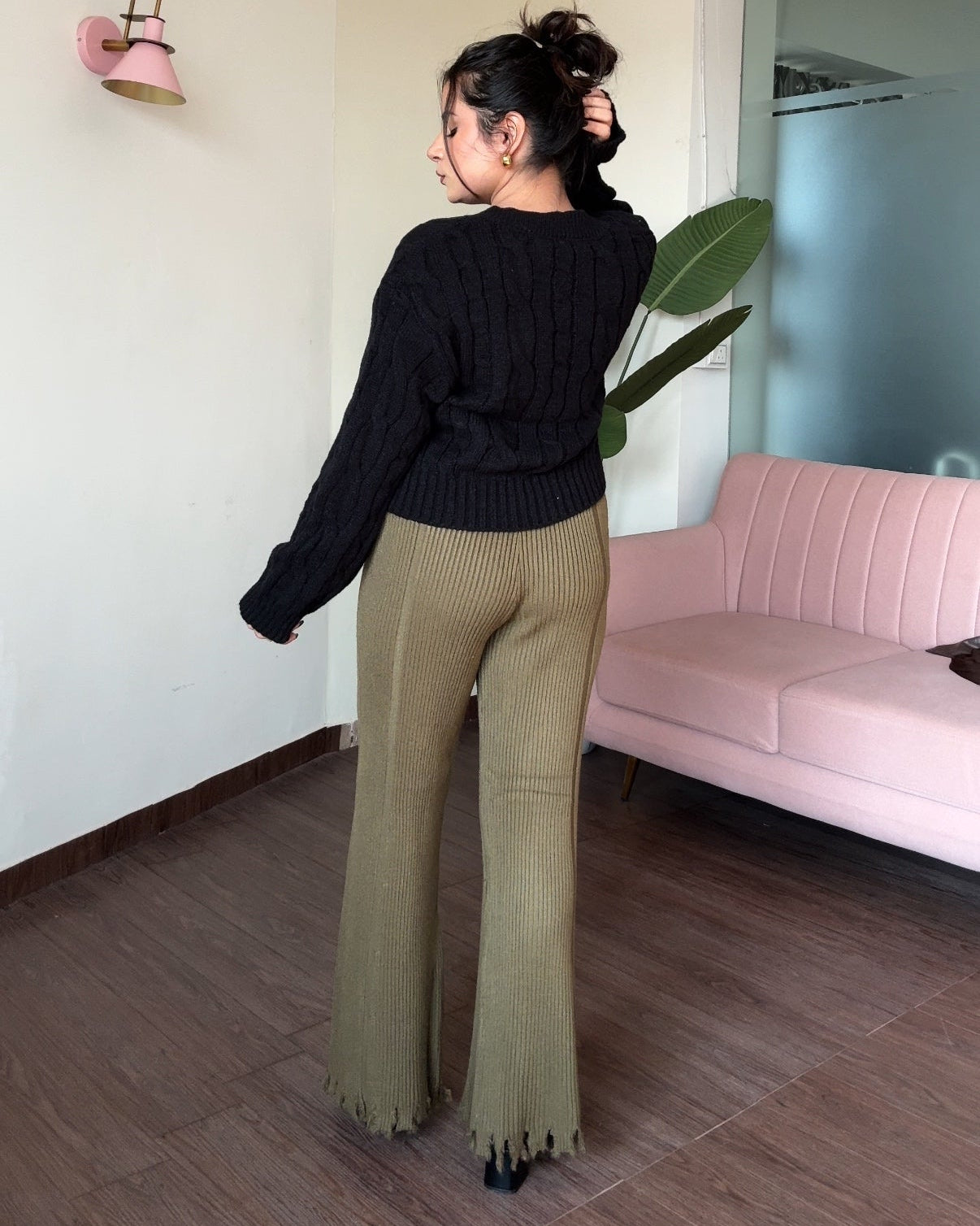 Textured Woollen Hem Detailing Flared Pant