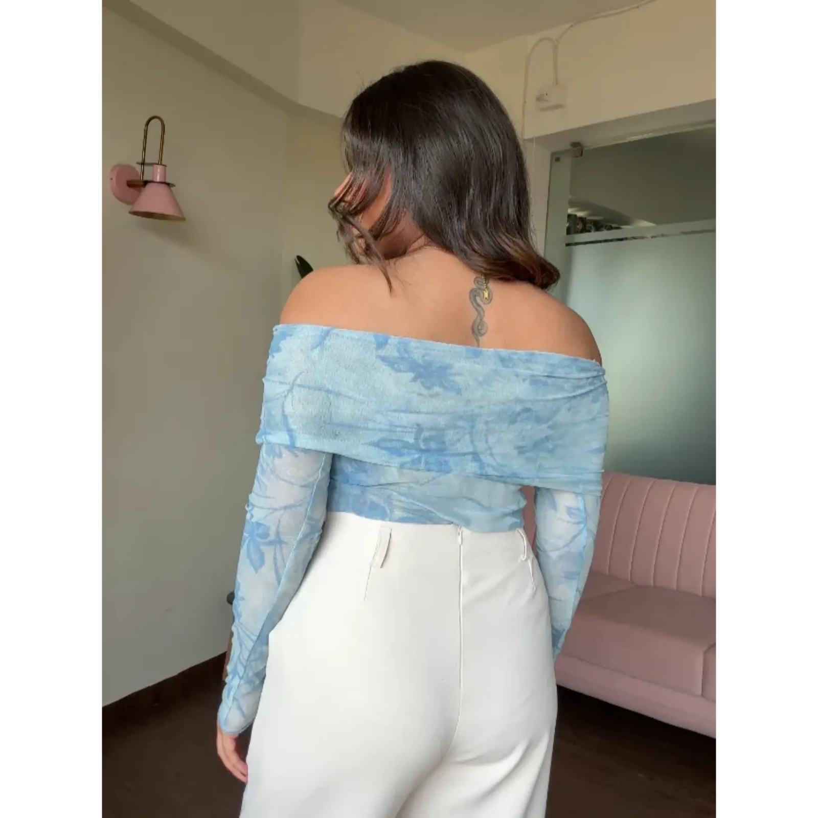 Mesh Printed Off Shoulder Top