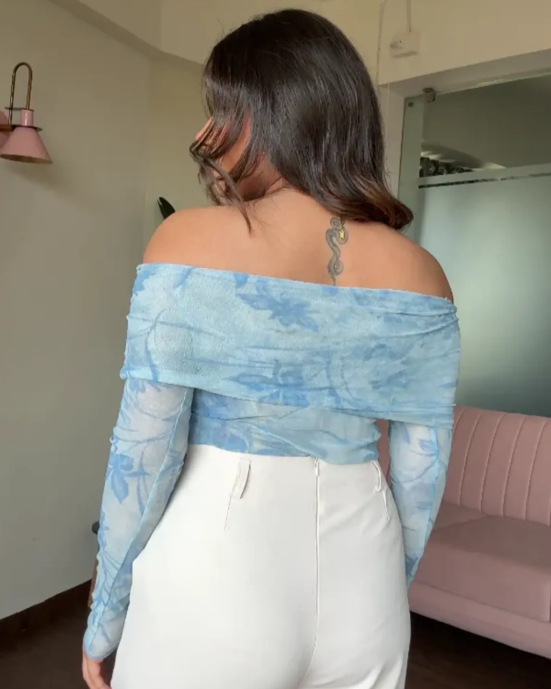 Mesh Printed Off Shoulder Top