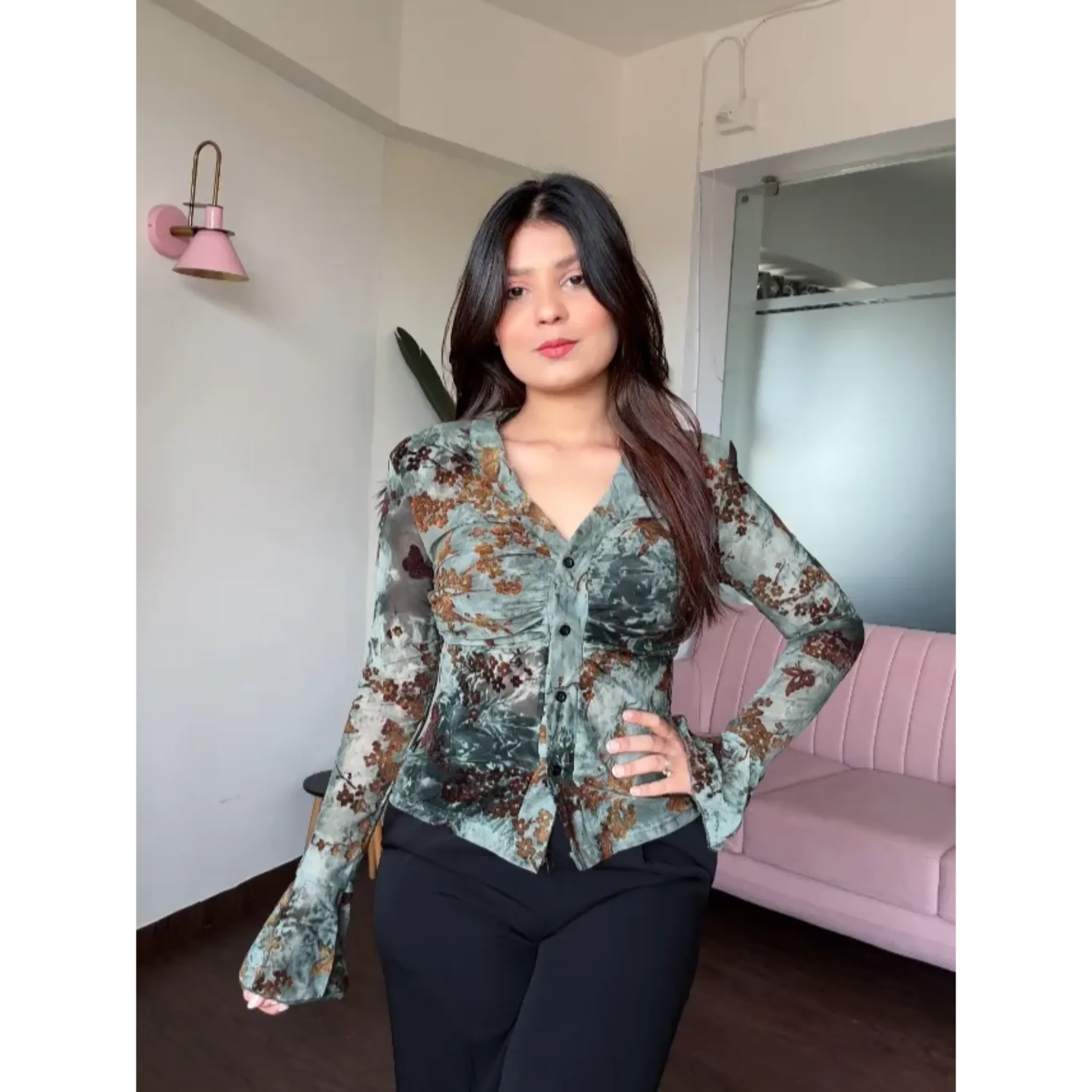 Velvet Embroidery Mesh Rushed Fitted Shirt